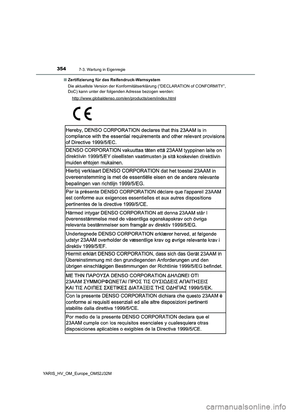TOYOTA YARIS HYBRID 2017  Betriebsanleitungen (in German) 3547-3. Wartung in Eigenregie
YARIS_HV_OM_Europe_OM52J32M 
■ Zertifizierung für das Reifendruck-Warnsystem 
Die aktuellste Version der Konformitätserklärung (“DECLARATION of CONFORMITY”, 
DoC