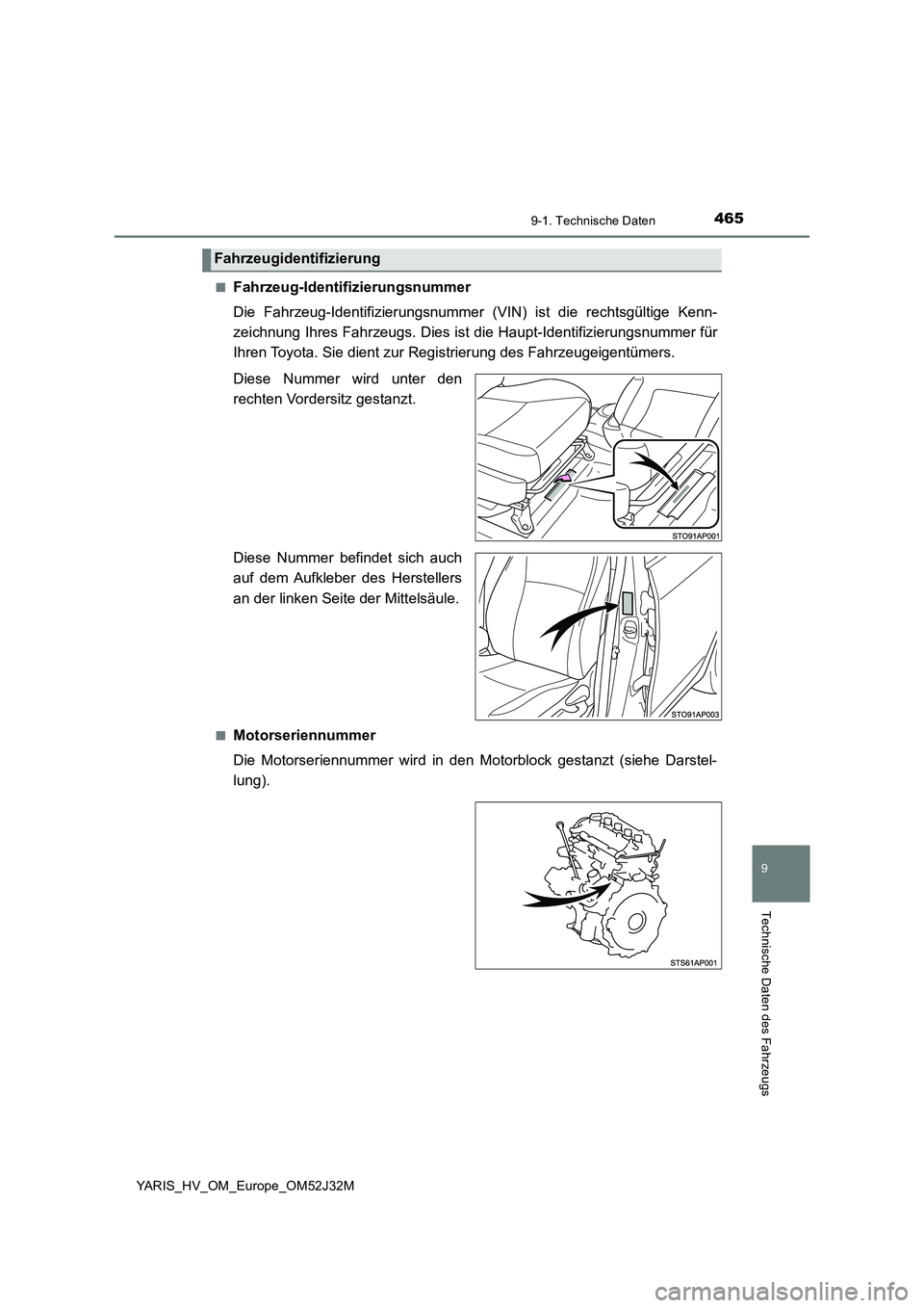 TOYOTA YARIS HYBRID 2017  Betriebsanleitungen (in German) 4659-1. Technische Daten
9
Technische Daten des Fahrzeugs
YARIS_HV_OM_Europe_OM52J32M 
■Fahrzeug-Identifizierungsnummer 
Die Fahrzeug-Identifizierungsnummer (VIN) ist die rechtsgültige Kenn- 
zeich