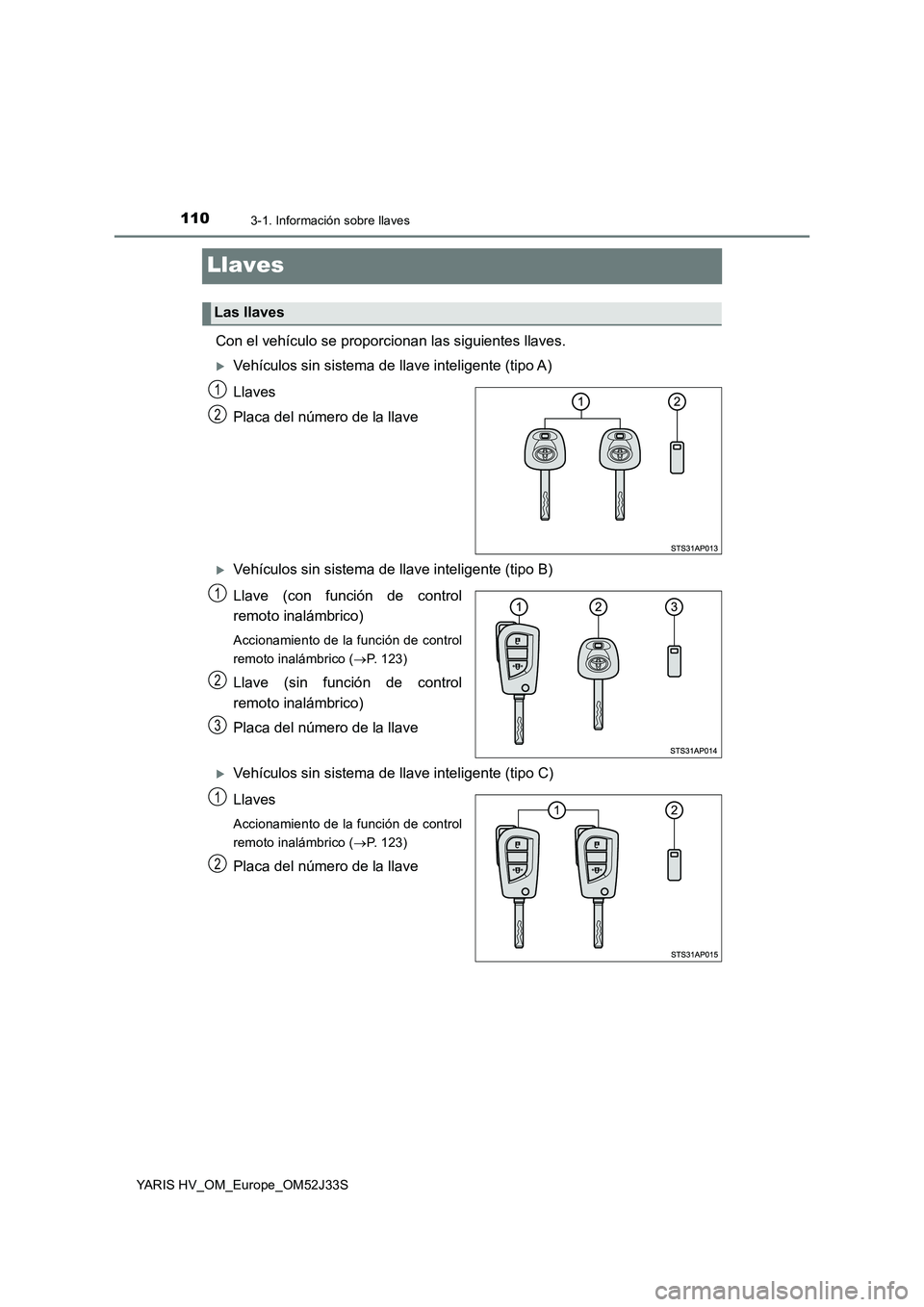 TOYOTA YARIS HYBRID 2017  Manual del propietario (in Spanish) 1103-1. Información sobre llaves
YARIS HV_OM_Europe_OM52J33S
Llaves
Con el vehículo se proporcionan las siguientes llaves.
Vehículos sin sistema de llave inteligente (tipo A) 
Llaves 
Placa del 