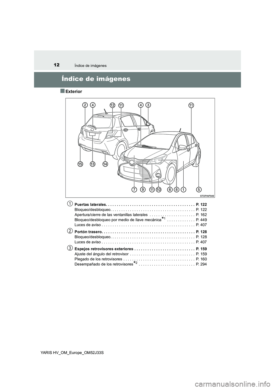 TOYOTA YARIS HYBRID 2017  Manual del propietario (in Spanish) 12Índice de imágenes
YARIS HV_OM_Europe_OM52J33S
Índice de imágenes
■Exterior
Puertas laterales. . . . . . . . . . . . . . . . . . . . . . . . . . . . . . . . . . . . . . . . .  P. 122 
Bloqueo/