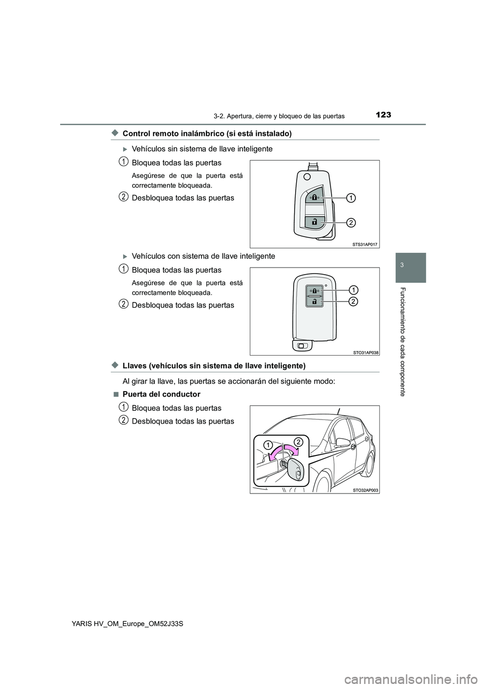 TOYOTA YARIS HYBRID 2017  Manual del propietario (in Spanish) 1233-2. Apertura, cierre y bloqueo de las puertas
3
Funcionamiento de cada componente
YARIS HV_OM_Europe_OM52J33S
◆Control remoto inalámbrico (si está instalado)
Vehículos sin sistema de llave