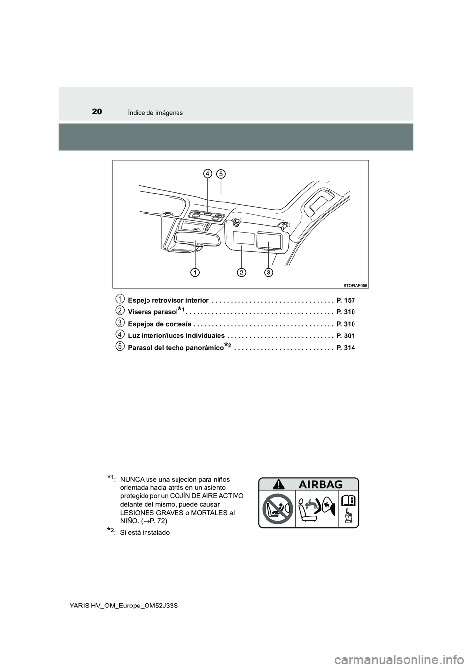 TOYOTA YARIS HYBRID 2017  Manual del propietario (in Spanish) 20Índice de imágenes
YARIS HV_OM_Europe_OM52J33S 
Espejo retrovisor interior  . . . . . . . . . . . . . . . . . . . . . . . . . . . . . . . . .  P. 157 
Viseras parasol*1. . . . . . . . . . . . . . 