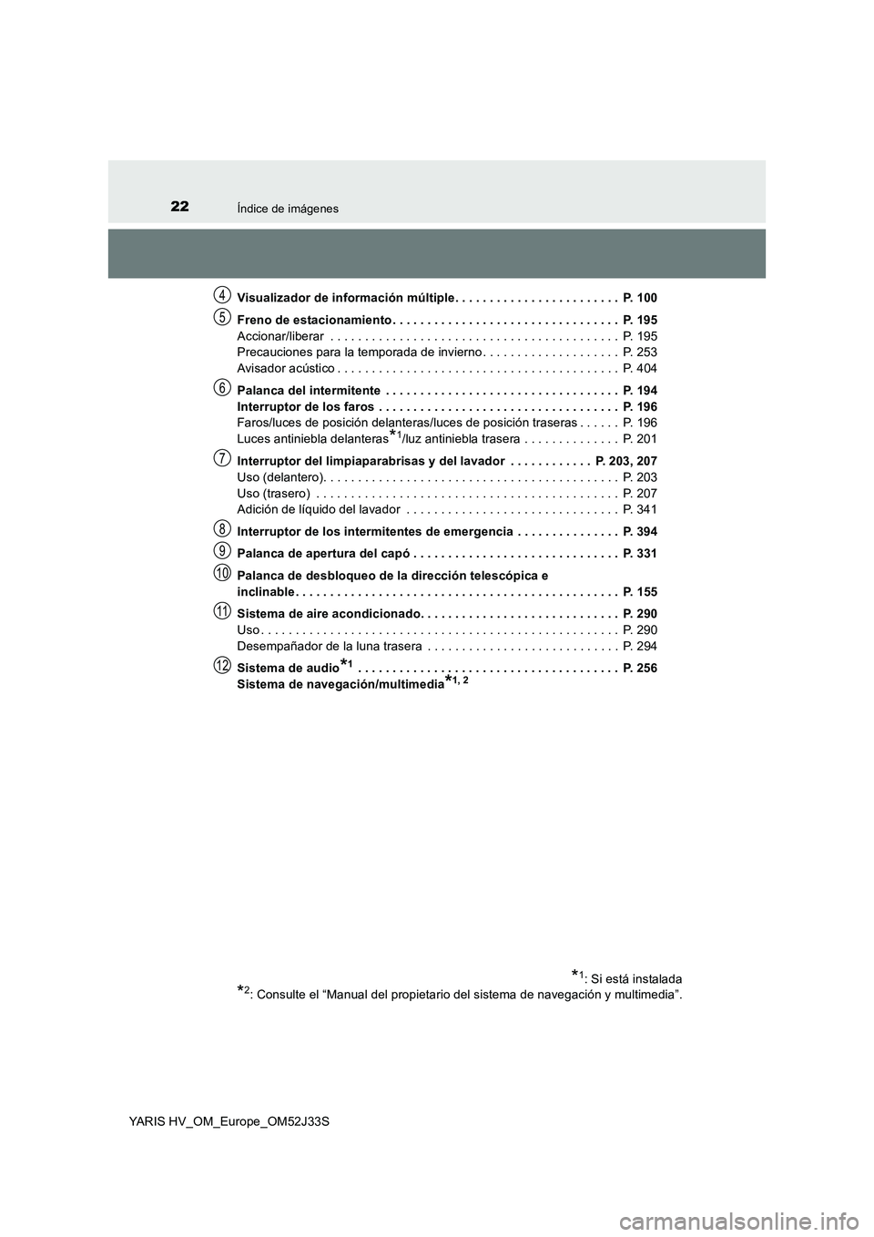 TOYOTA YARIS HYBRID 2017 Manual del propietario (in Spanish) 22Índice de imágenes
YARIS HV_OM_Europe_OM52J33S
Visualizador de información múltiple. . . . . . . . . . . . . . . . . . . . . . . . P. 100
Freno de estacionamiento . . . . . . . . . . . . . . TOYOTA YARIS HYBRID 2017 Manual del propietario (in Spanish) 22Índice de imágenes
YARIS HV_OM_Europe_OM52J33S
Visualizador de información múltiple. . . . . . . . . . . . . . . . . . . . . . . . P. 100
Freno de estacionamiento . . . . . . . . . . . . . .