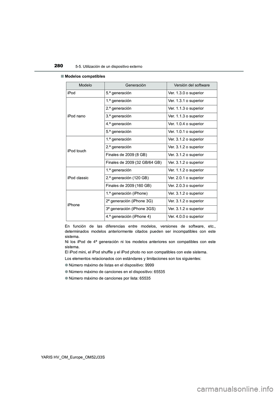 TOYOTA YARIS HYBRID 2017  Manual del propietario (in Spanish) 2805-5. Utilización de un dispositivo externo
YARIS HV_OM_Europe_OM52J33S 
■ Modelos compatibles 
En función de las diferencias entre modelos, versiones de software, etc., 
determinados modelos an