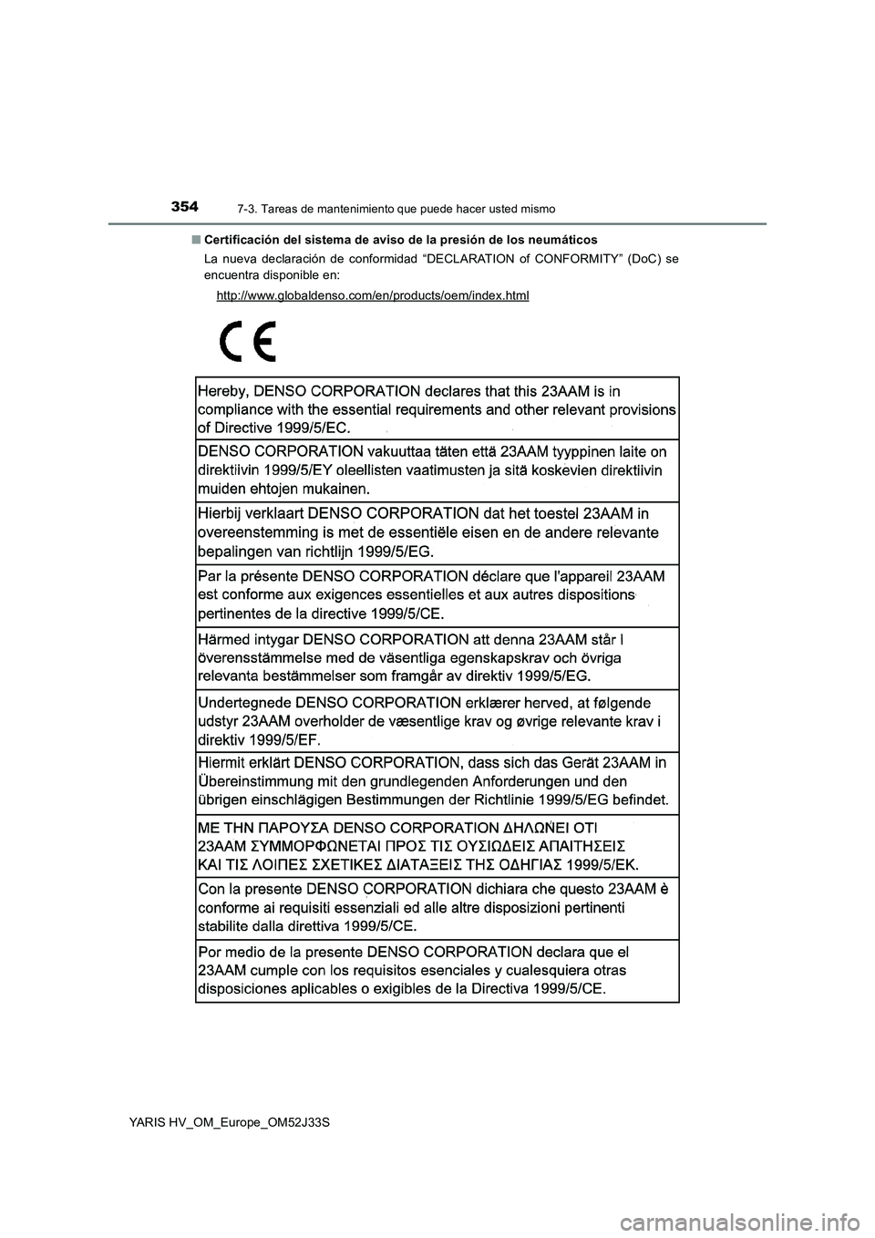 TOYOTA YARIS HYBRID 2017  Manual del propietario (in Spanish) 3547-3. Tareas de mantenimiento que puede hacer usted mismo
YARIS HV_OM_Europe_OM52J33S 
■ Certificación del sistema de aviso de la presión de los neumáticos 
La nueva declaración de conformidad