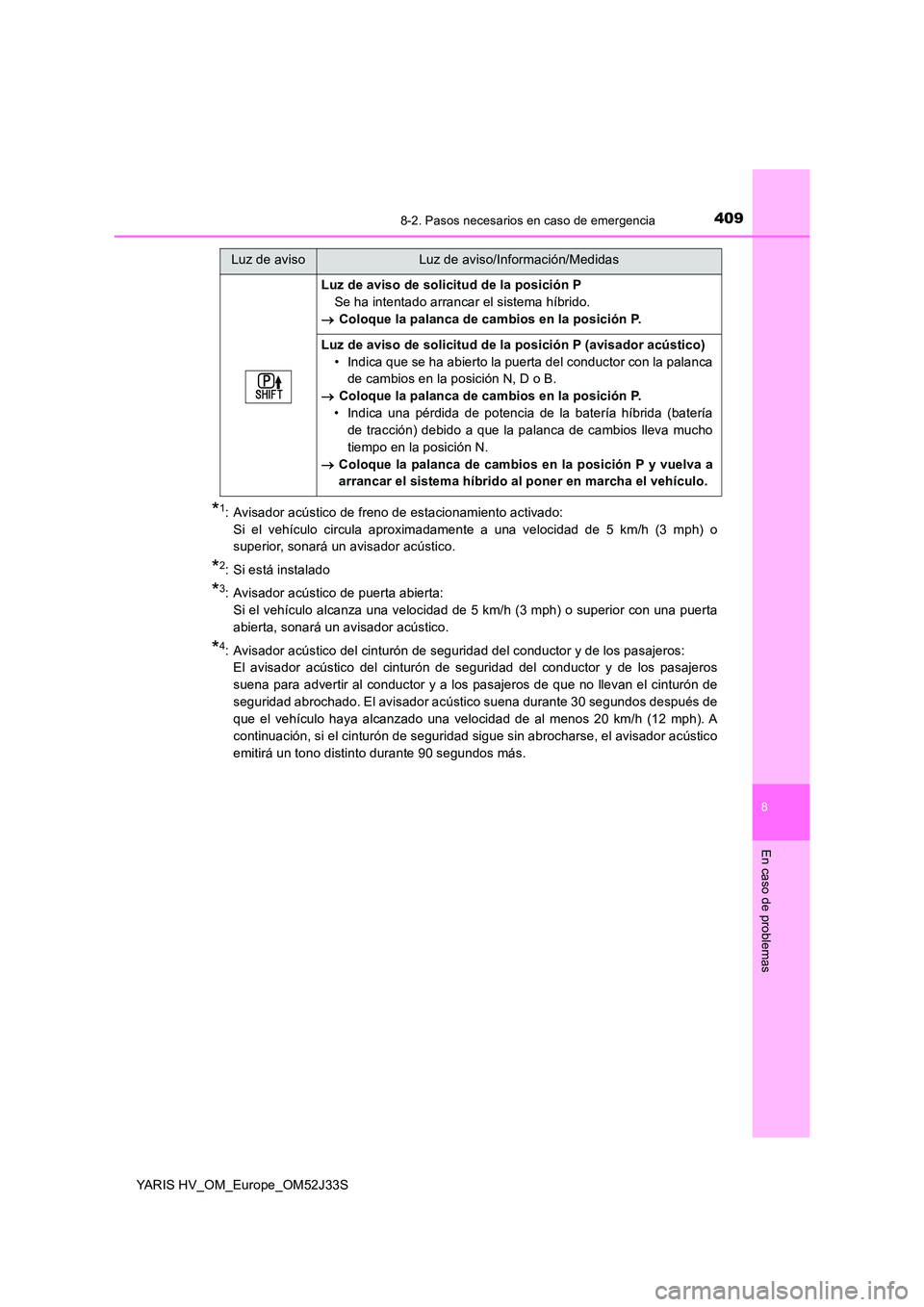 TOYOTA YARIS HYBRID 2017  Manual del propietario (in Spanish) 4098-2. Pasos necesarios en caso de emergencia
8
En caso de problemas
YARIS HV_OM_Europe_OM52J33S
*1:  Avisador acústico de freno de estacionamiento activado:  
Si el vehículo circula aproximadament