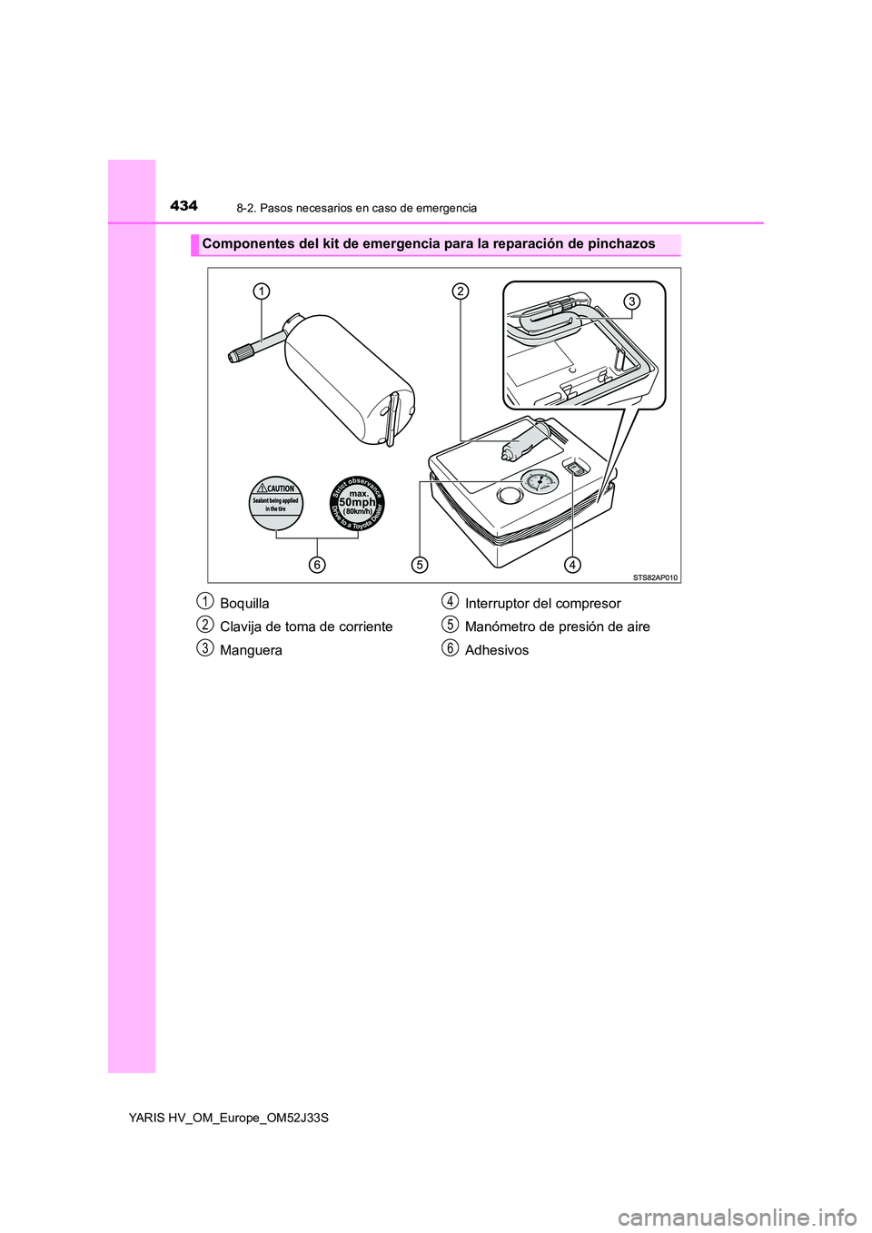 TOYOTA YARIS HYBRID 2017  Manual del propietario (in Spanish) 4348-2. Pasos necesarios en caso de emergencia
YARIS HV_OM_Europe_OM52J33S
Componentes del kit de emergencia para la reparación de pinchazos
Boquilla 
Clavija de toma de corriente
Manguera 
Interrupt