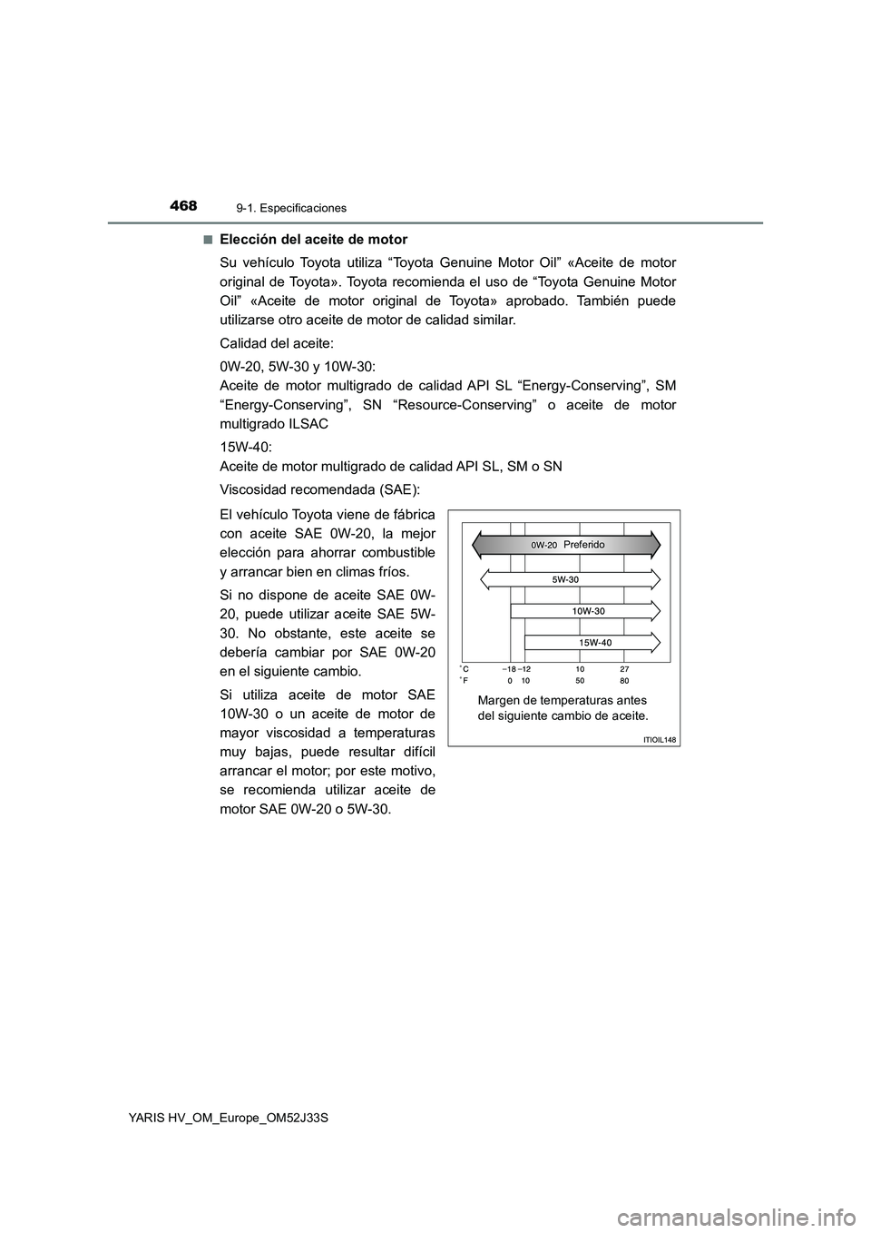 TOYOTA YARIS HYBRID 2017  Manual del propietario (in Spanish) 4689-1. Especificaciones
YARIS HV_OM_Europe_OM52J33S 
■Elección del aceite de motor 
Su vehículo Toyota utiliza “Toyota Genuine Motor Oil” «Aceite de motor 
original de Toyota». Toyota recom