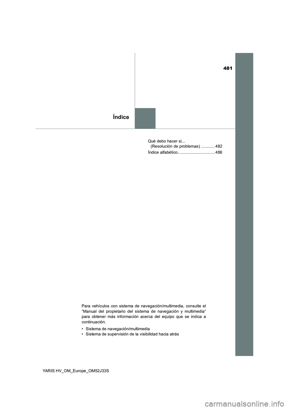 TOYOTA YARIS HYBRID 2017  Manual del propietario (in Spanish) 481
Índice
YARIS HV_OM_Europe_OM52J33S 
Qué debo hacer si...  
(Resolución de problemas) ............ 482 
Índice alfabético ................................ 486
Para vehículos con sistema de na