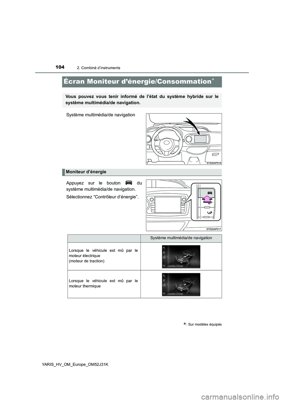 TOYOTA YARIS HYBRID 2017  Manuel du propriétaire (in French) 1042. Combiné d’instruments
YARIS_HV_OM_Europe_OM52J31K
Écran Moniteur d’énergie/Consommation
Système multimédia/de navigation 
Appuyez sur le bouton   du 
système multimédia/de navigati