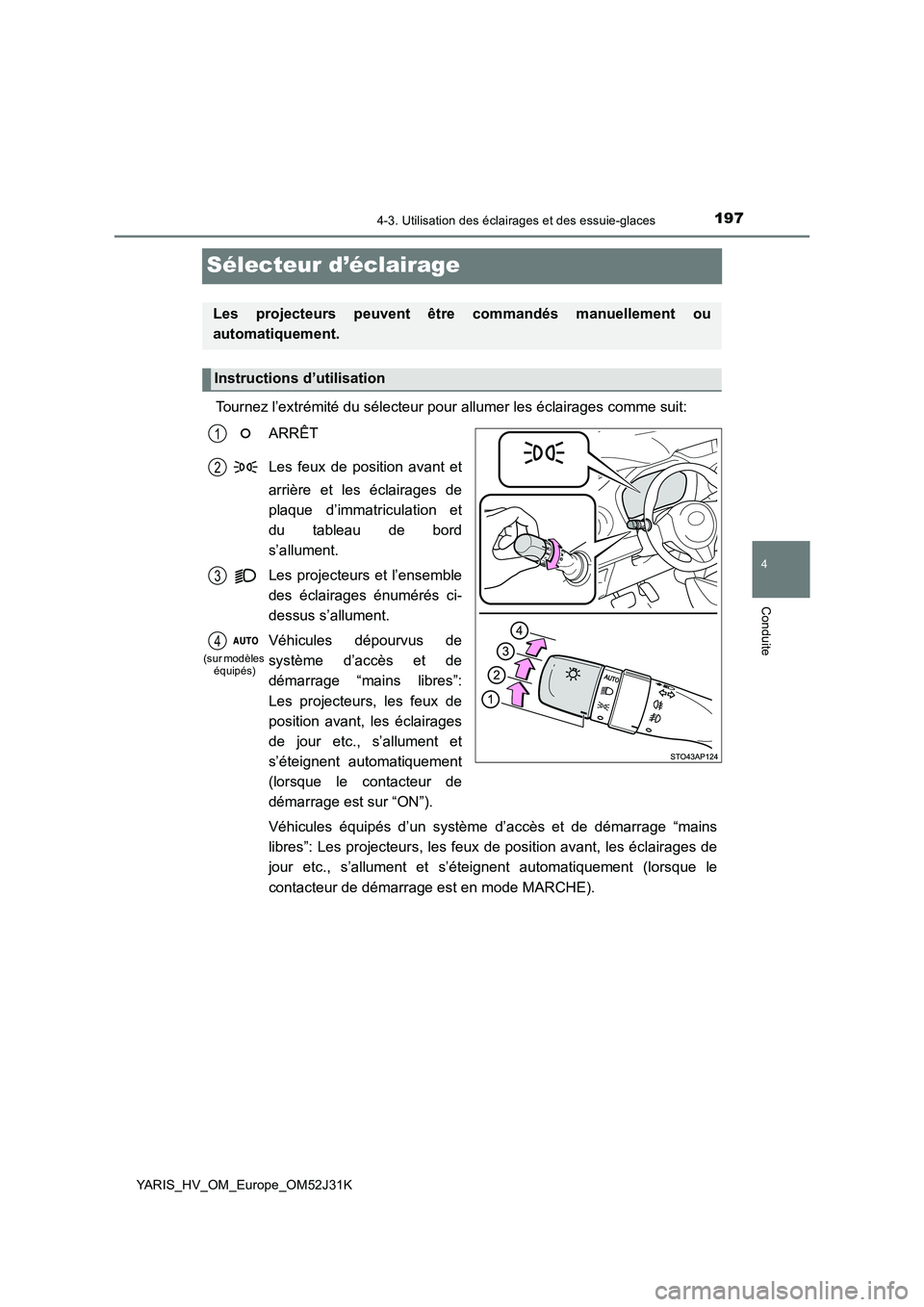 TOYOTA YARIS HYBRID 2017 Manuel du propriétaire (in French) 197
4
4-3. Utilisation des éclairages et des essuie-glaces
Conduite
YARIS_HV_OM_Europe_OM52J31K
Sélecteur d’éclairage
Tournez l’extrémité du sélecteur pour allumer les éclairages comme suit TOYOTA YARIS HYBRID 2017 Manuel du propriétaire (in French) 197
4
4-3. Utilisation des éclairages et des essuie-glaces
Conduite
YARIS_HV_OM_Europe_OM52J31K
Sélecteur d’éclairage
Tournez l’extrémité du sélecteur pour allumer les éclairages comme suit