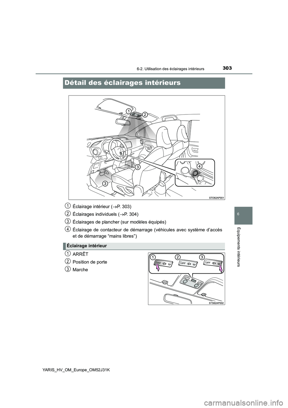 TOYOTA YARIS HYBRID 2017  Manuel du propriétaire (in French) 3036-2. Utilisation des éclairages intérieurs
6
Équipements intérieurs
YARIS_HV_OM_Europe_OM52J31K
Détail des éclairages intérieurs
ARRÊT 
Position de porte
Marche 
Éclairage intérieur ( 