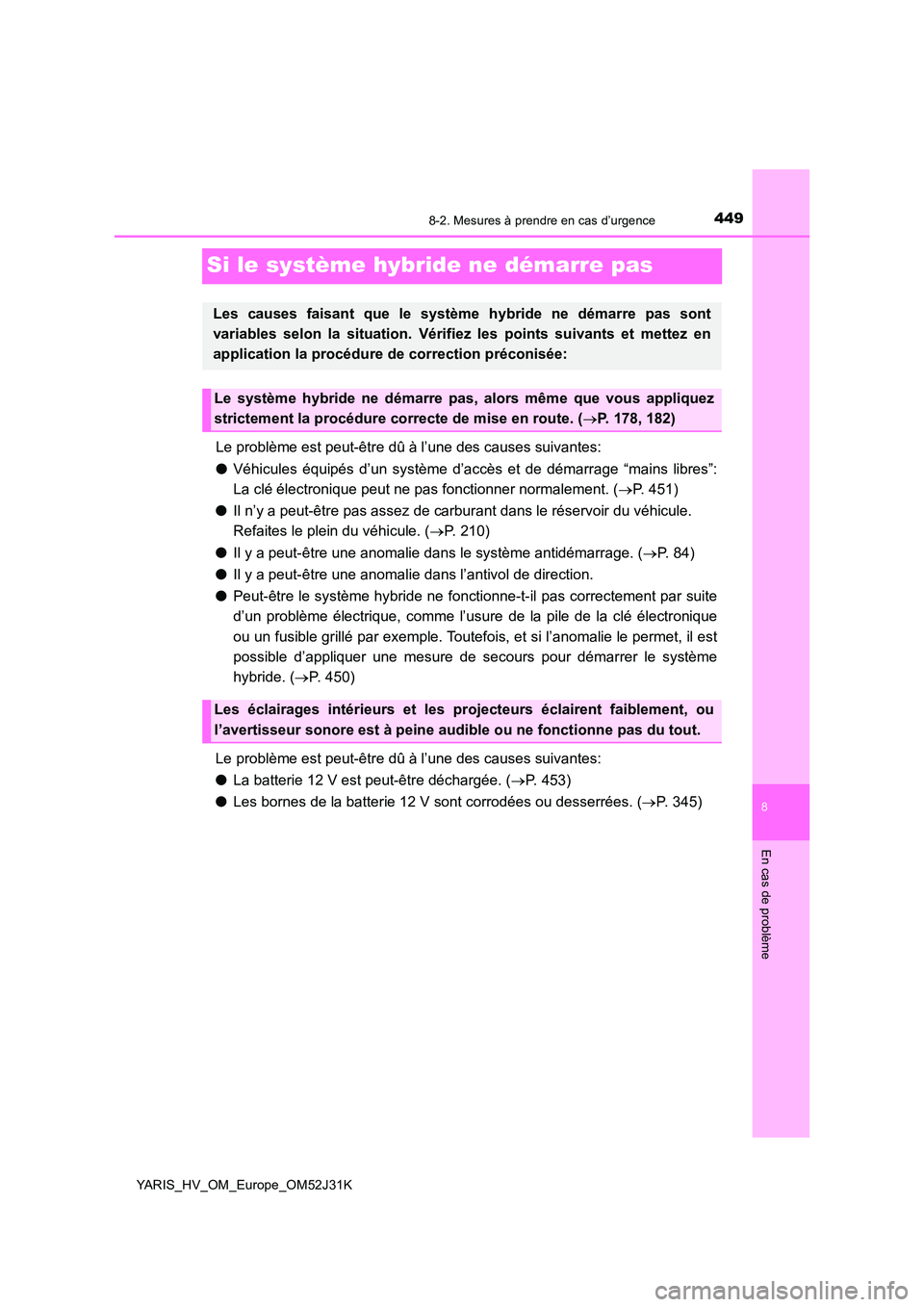 TOYOTA YARIS HYBRID 2017 Manuel du propriétaire (in French) 4498-2. Mesures à prendre en cas d’urgence
8
En cas de problème
YARIS_HV_OM_Europe_OM52J31K
Si le système hybride ne démarre pas
Le problème est peut-être dû à l’une des causes suivantes: TOYOTA YARIS HYBRID 2017 Manuel du propriétaire (in French) 4498-2. Mesures à prendre en cas d’urgence
8
En cas de problème
YARIS_HV_OM_Europe_OM52J31K
Si le système hybride ne démarre pas
Le problème est peut-être dû à l’une des causes suivantes: