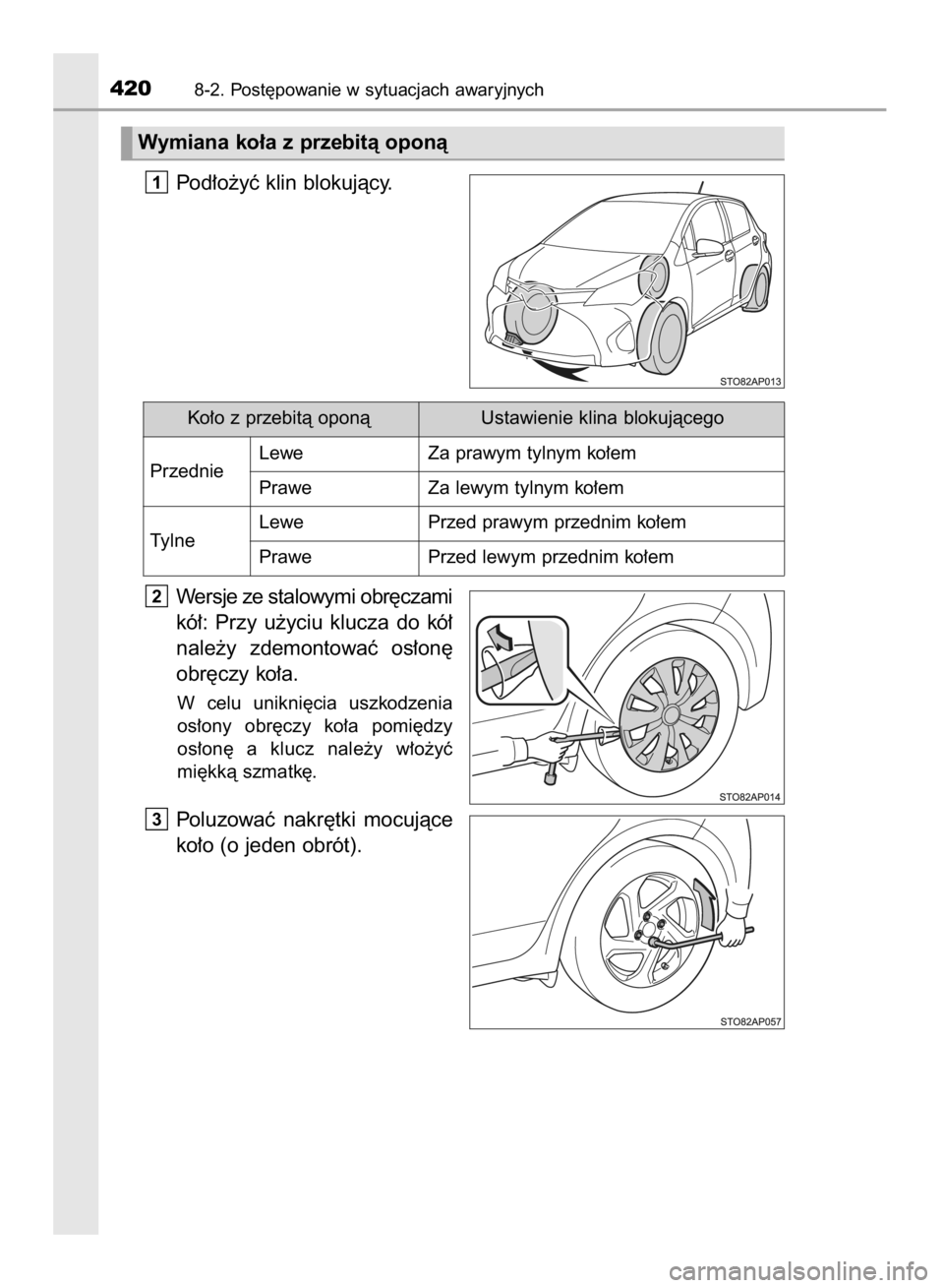 TOYOTA YARIS HYBRID 2017  Instrukcja obsługi (in Polish) Pod∏o˝yç klin blokujàcy.
Wersje ze stalowymi obr´czami
kó∏:  Przy  u˝yciu  klucza  do  kó∏
nale˝y  zdemontowaç  os∏on´
obr´czy ko∏a.
W celu  unikni´cia  uszkodzenia
os∏ony  obr