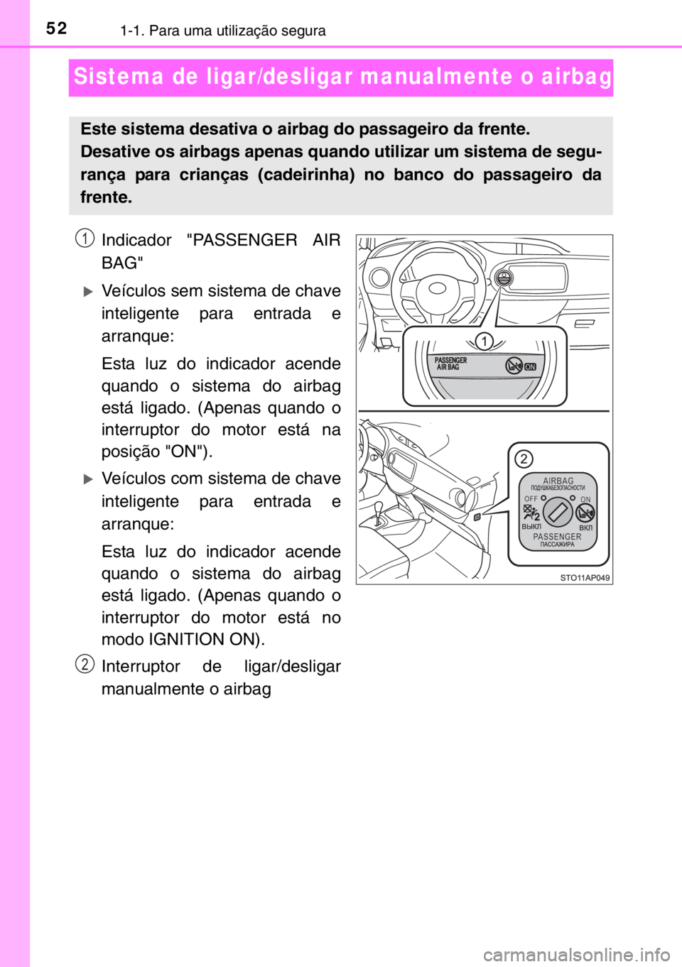 TOYOTA YARIS HYBRID 2017  Manual de utilização (in Portuguese) 521-1. Para uma utilização segura
Sistema de ligar/desligar manualmente o airbag
Indicador "PASSENGER AIR
BAG"
�XVeículos sem sistema de chave
inteligente para entrada e
arranque:
Esta luz 