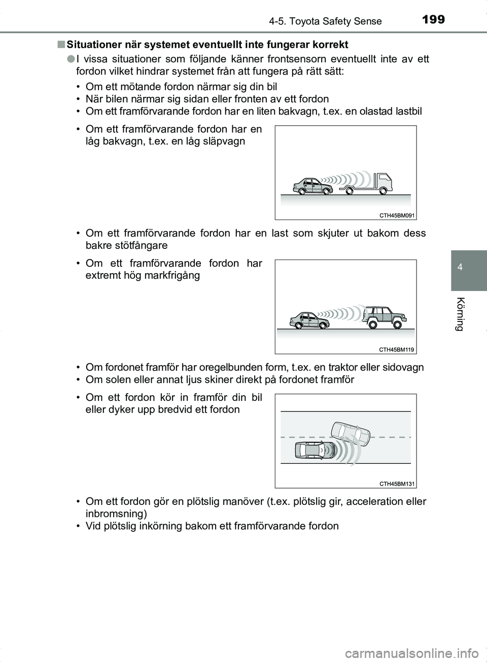 TOYOTA YARIS HYBRID 2017 Bruksanvisningar (in Swedish) 1994-5. Toyota Safety Sense
4
Körning
OM52J30SEn
Situationer när systemet eventu ellt inte fungerar korrekt
l I vissa situationer som följande känner frontsensorn eventuellt inte av ett
fordon vil TOYOTA YARIS HYBRID 2017 Bruksanvisningar (in Swedish) 1994-5. Toyota Safety Sense
4
Körning
OM52J30SEn
Situationer när systemet eventu ellt inte fungerar korrekt
l I vissa situationer som följande känner frontsensorn eventuellt inte av ett
fordon vil