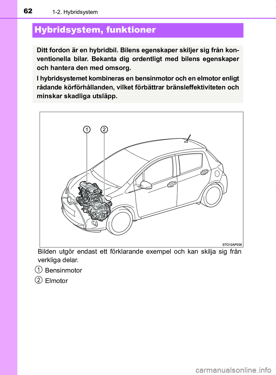TOYOTA YARIS HYBRID 2017  Bruksanvisningar (in Swedish) 621-2. Hybridsystem
OM52J30SE
Hybridsystem, funktioner
Bilden utgör endast ett förklarand e exempel och kan skilja sig från
verkliga delar.
Bensinmotor
Elmotor
Ditt fordon är en hybridbil. Bilens 