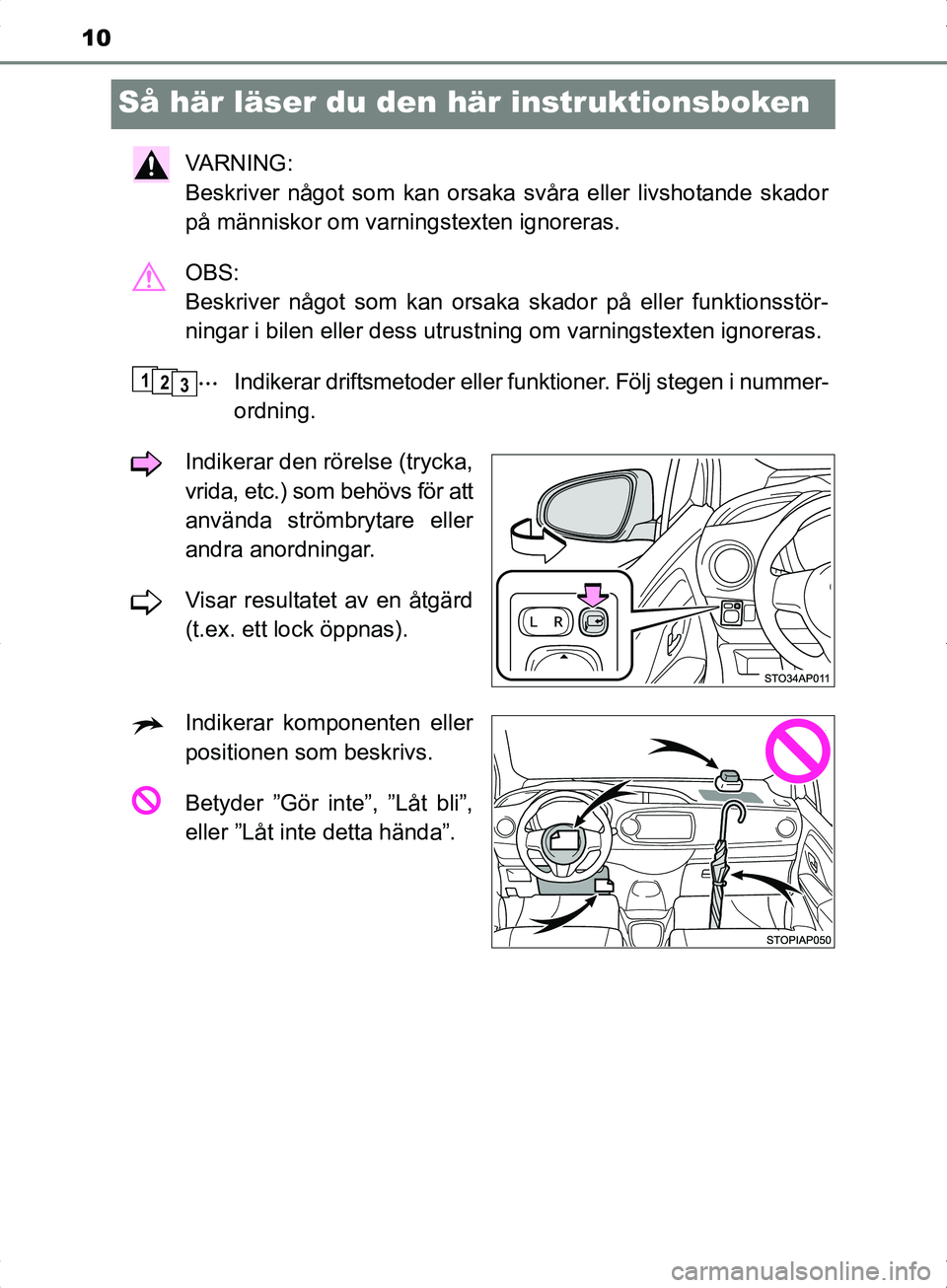 TOYOTA YARIS HYBRID 2017  Bruksanvisningar (in Swedish) 10
OM52J30SE
Så här läser du den här instruktionsboken
VA R N I N G :  
Beskriver något som kan orsaka svåra eller livshotande skador
på människor om varningstexten ignoreras.
OBS: 
Beskriver 
