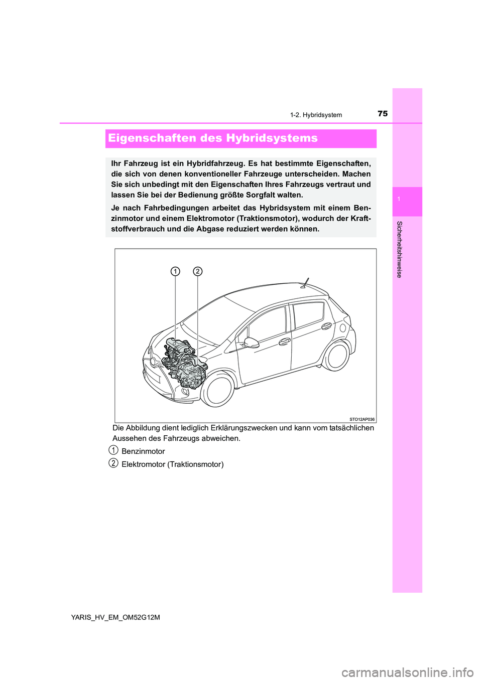 TOYOTA YARIS HYBRID 2016  Betriebsanleitungen (in German) 75
1
1-2. Hybridsystem
Sicherheitshinweise
YARIS_HV_EM_OM52G12M
Eigenschaften des Hybridsystems
Die Abbildung dient lediglich Erklärungszwecken und kann vom tatsächlichen 
Aussehen des Fahrzeugs abw