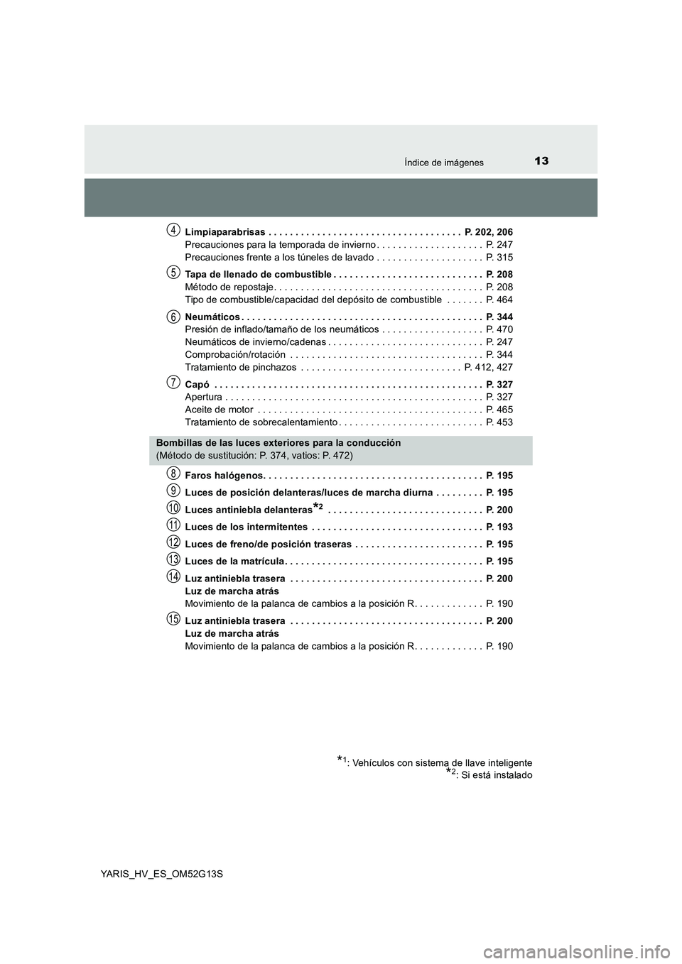 TOYOTA YARIS HYBRID 2016 Manual del propietario (in Spanish) 13Índice de imágenes
YARIS_HV_ES_OM52G13S
Limpiaparabrisas . . . . . . . . . . . . . . . . . . . . . . . . . . . . . . . . . . . . P. 202, 206
Precauciones para la temporada de invierno . . . . . TOYOTA YARIS HYBRID 2016 Manual del propietario (in Spanish) 13Índice de imágenes
YARIS_HV_ES_OM52G13S
Limpiaparabrisas . . . . . . . . . . . . . . . . . . . . . . . . . . . . . . . . . . . . P. 202, 206
Precauciones para la temporada de invierno . . . . .