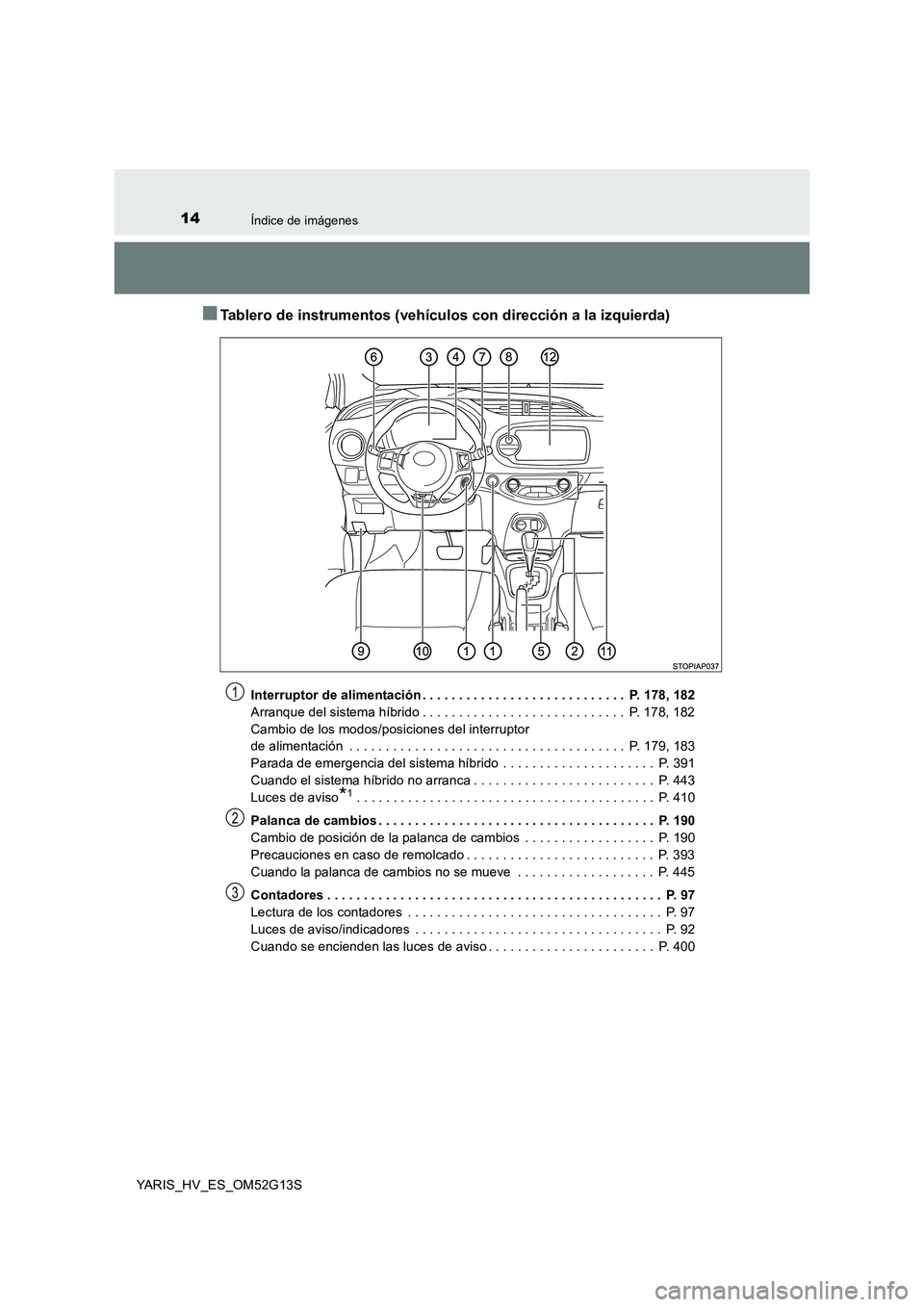 TOYOTA YARIS HYBRID 2016 Manual del propietario (in Spanish) 14Índice de imágenes
YARIS_HV_ES_OM52G13S
■Tablero de instrumentos (vehículos con dirección a la izquierda)
Interruptor de alimentación . . . . . . . . . . . . . . . . . . . . . . . . . . . . TOYOTA YARIS HYBRID 2016 Manual del propietario (in Spanish) 14Índice de imágenes
YARIS_HV_ES_OM52G13S
■Tablero de instrumentos (vehículos con dirección a la izquierda)
Interruptor de alimentación . . . . . . . . . . . . . . . . . . . . . . . . . . . .