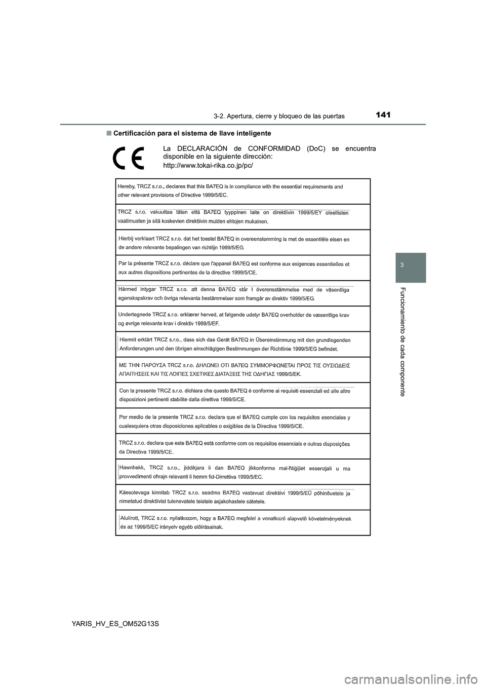 TOYOTA YARIS HYBRID 2016  Manual del propietario (in Spanish) 1413-2. Apertura, cierre y bloqueo de las puertas
3
Funcionamiento de cada componente
YARIS_HV_ES_OM52G13S 
■ Certificación para el sistema de llave inteligente
La DECLARACIÓN de CONFORMIDAD (DoC)