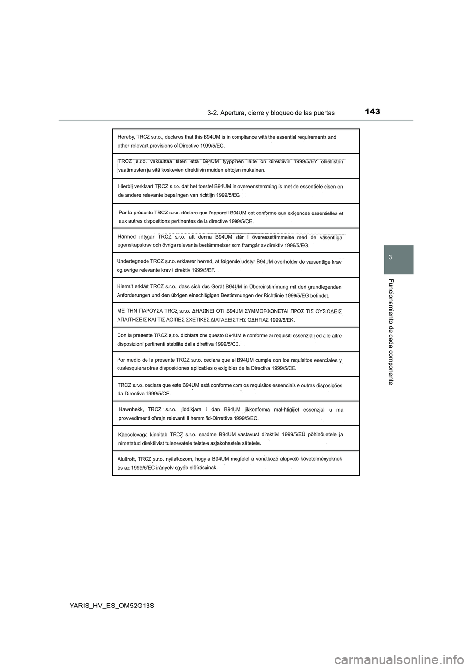TOYOTA YARIS HYBRID 2016  Manual del propietario (in Spanish) 1433-2. Apertura, cierre y bloqueo de las puertas
3
Funcionamiento de cada componente
YARIS_HV_ES_OM52G13S 