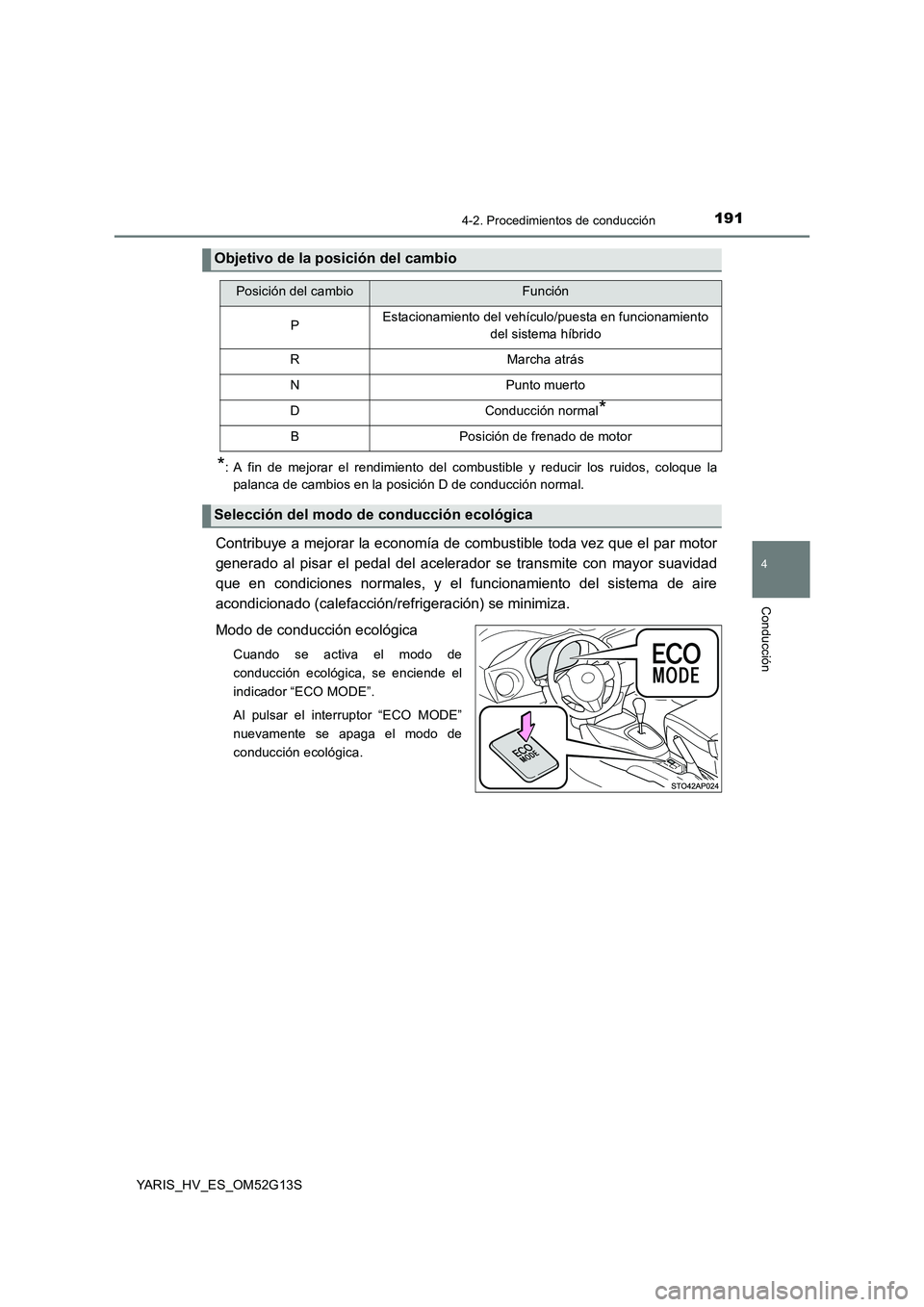 TOYOTA YARIS HYBRID 2016  Manual del propietario (in Spanish) 1914-2. Procedimientos de conducción
4
Conducción
YARIS_HV_ES_OM52G13S
*: A fin de mejorar el rendimiento del combustible y reducir los ruidos, coloque la 
palanca de cambios en la posición D de co