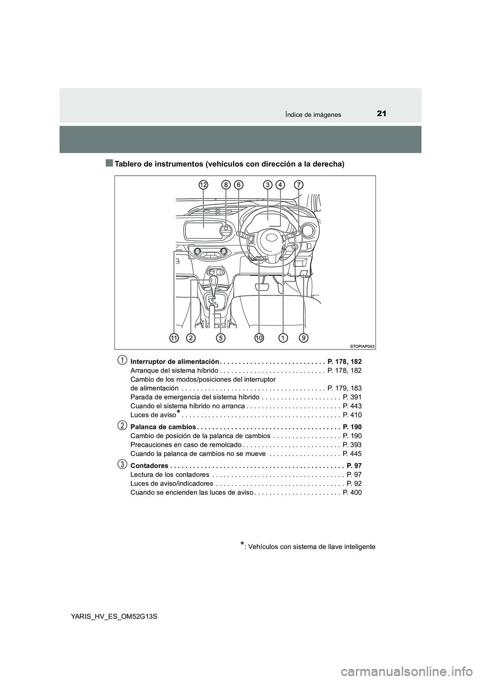 TOYOTA YARIS HYBRID 2016 Manual del propietario (in Spanish) 21Índice de imágenes
YARIS_HV_ES_OM52G13S
■Tablero de instrumentos (vehículos con dirección a la derecha)
Interruptor de alimentación . . . . . . . . . . . . . . . . . . . . . . . . . . . . P. TOYOTA YARIS HYBRID 2016 Manual del propietario (in Spanish) 21Índice de imágenes
YARIS_HV_ES_OM52G13S
■Tablero de instrumentos (vehículos con dirección a la derecha)
Interruptor de alimentación . . . . . . . . . . . . . . . . . . . . . . . . . . . . P.