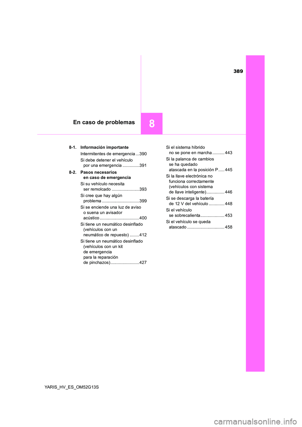 TOYOTA YARIS HYBRID 2016 Manual del propietario (in Spanish) 389
8En caso de problemas
YARIS_HV_ES_OM52G13S
8-1. Información importante
Intermitentes de emergencia ...390
Si debe detener el vehículo
por una emergencia ..............391
8-2. Pasos necesa TOYOTA YARIS HYBRID 2016 Manual del propietario (in Spanish) 389
8En caso de problemas
YARIS_HV_ES_OM52G13S
8-1. Información importante
Intermitentes de emergencia ...390
Si debe detener el vehículo
por una emergencia ..............391
8-2. Pasos necesa