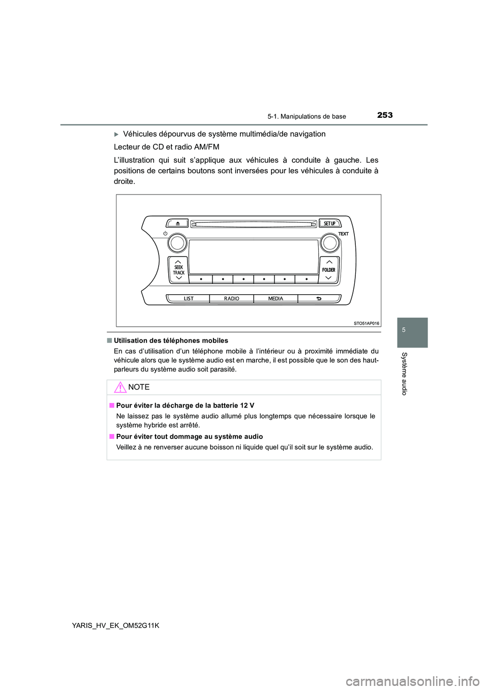 TOYOTA YARIS HYBRID 2016  Manuel du propriétaire (in French) 2535-1. Manipulations de base
5
Système audio
YARIS_HV_EK_OM52G11K
Véhicules dépourvus de système multimédia/de navigation 
Lecteur de CD et radio AM/FM 
L’illustration qui suit s’applique