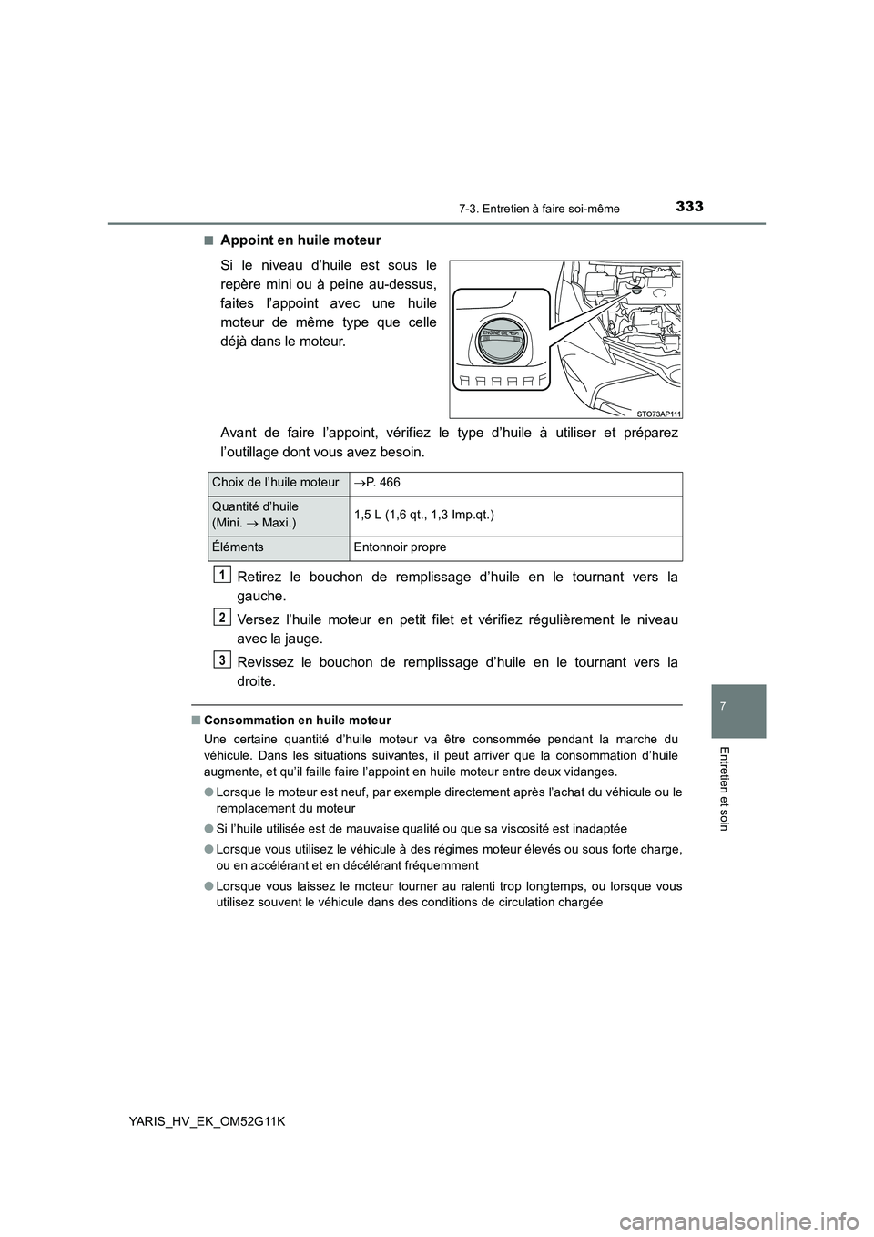 TOYOTA YARIS HYBRID 2016 Manuel du propriétaire (in French) 3337-3. Entretien à faire soi-même
7
Entretien et soin
YARIS_HV_EK_OM52G11K
■Appoint en huile moteur
Si le niveau d’huile est sous le
repère mini ou à peine au-dessus,
faites l’appoint av TOYOTA YARIS HYBRID 2016 Manuel du propriétaire (in French) 3337-3. Entretien à faire soi-même
7
Entretien et soin
YARIS_HV_EK_OM52G11K
■Appoint en huile moteur
Si le niveau d’huile est sous le
repère mini ou à peine au-dessus,
faites l’appoint av