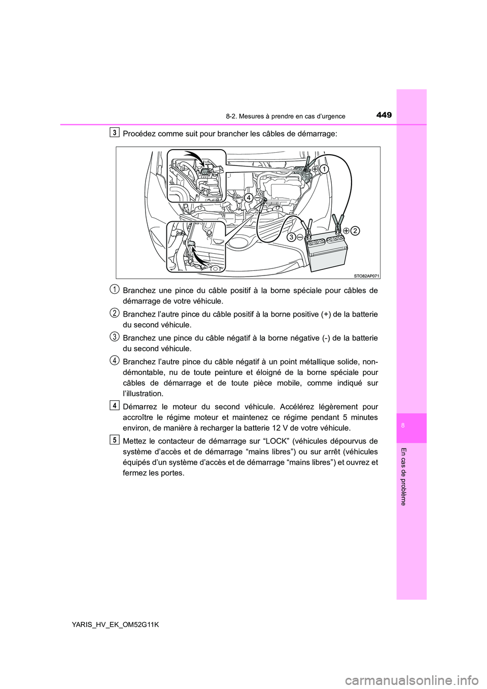 TOYOTA YARIS HYBRID 2016  Manuel du propriétaire (in French) 4498-2. Mesures à prendre en cas d’urgence
8
En cas de problème
YARIS_HV_EK_OM52G11K
Procédez comme suit pour brancher les câbles de démarrage: 
Branchez une pince du câble positif à la borne