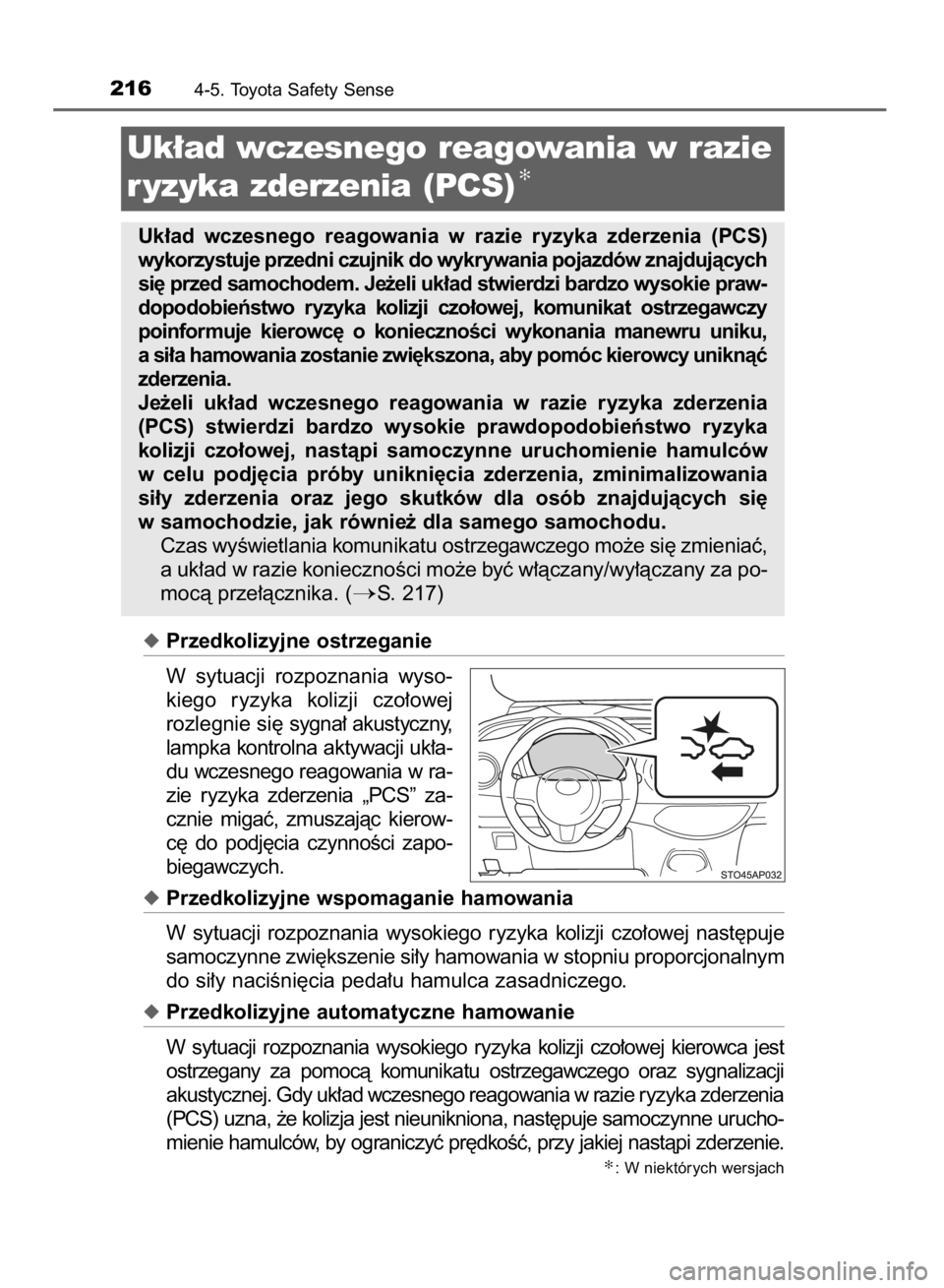 TOYOTA YARIS HYBRID 2016 Instrukcja obsługi (in Polish) Przedkolizyjne ostrzeganie
W sytuacji rozpoznania wyso-
kiego ryzyka kolizji czo∏owej
rozlegnie si´ sygna∏ akustyczny,
lampka kontrolna aktywacji uk∏a-
du wczesnego reagowania w ra-
zie TOYOTA YARIS HYBRID 2016 Instrukcja obsługi (in Polish) Przedkolizyjne ostrzeganie
W sytuacji rozpoznania wyso-
kiego ryzyka kolizji czo∏owej
rozlegnie si´ sygna∏ akustyczny,
lampka kontrolna aktywacji uk∏a-
du wczesnego reagowania w ra-
zie
