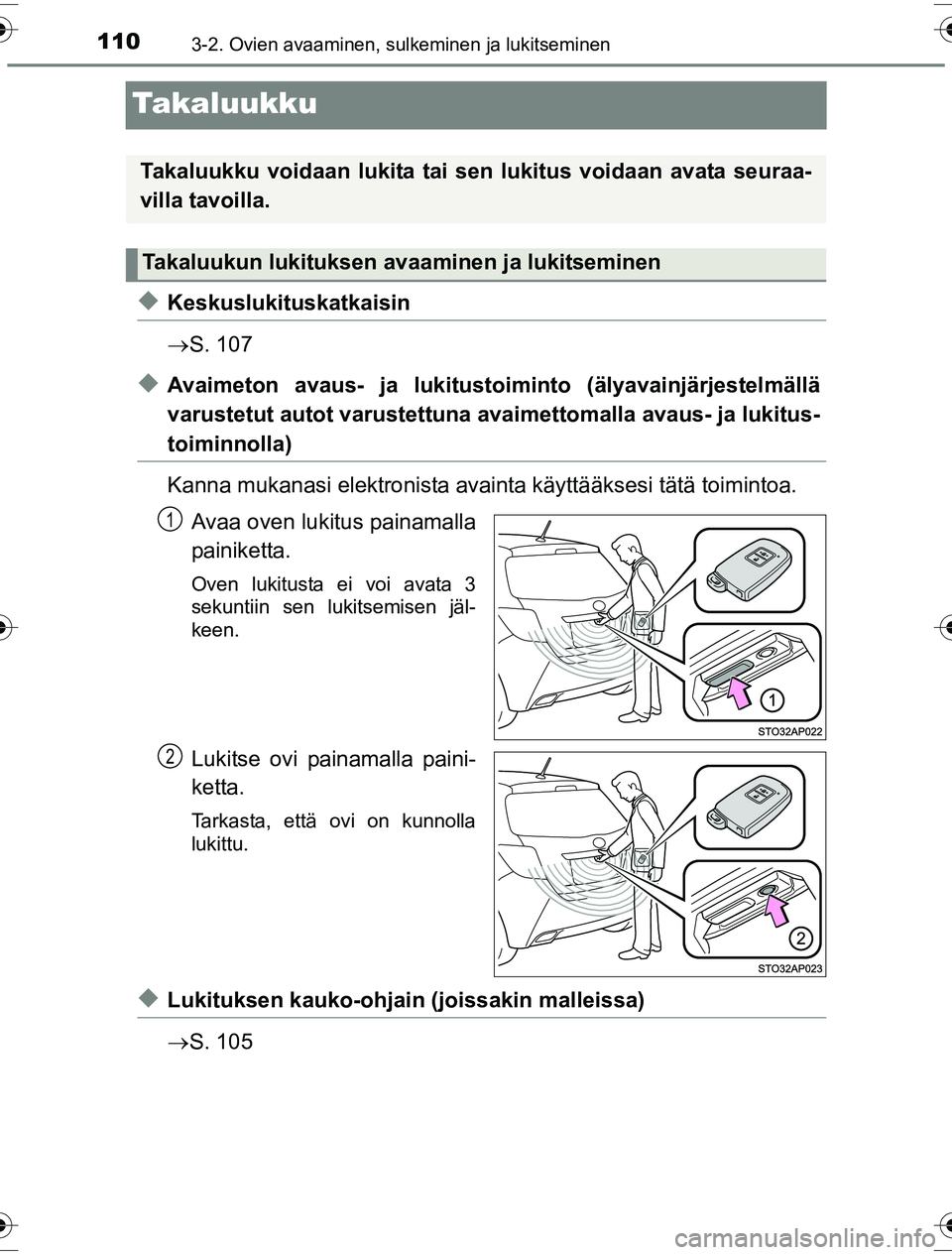 TOYOTA YARIS HYBRID 2016  Omistajan Käsikirja (in Finnish) 1103-2. Ovien avaaminen, sulkeminen ja lukitseminen
OM52G10FI
Takaluukku
uKeskuslukituskatkaisin
S. 107
uAvaimeton avaus- ja lukitustoiminto (älyavainjärjestelmällä
varustetut autot varustettun