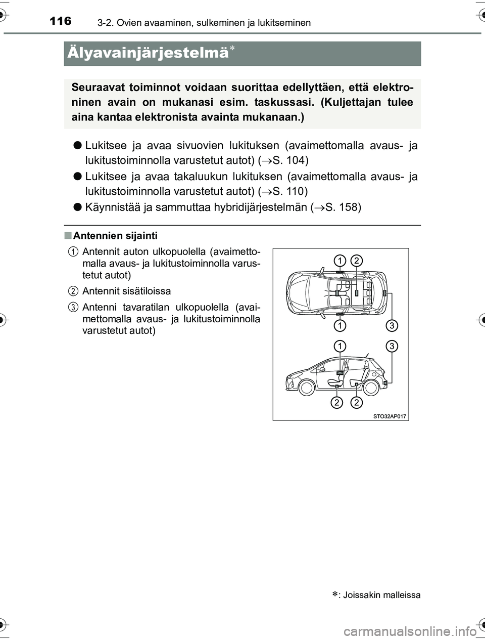 TOYOTA YARIS HYBRID 2016  Omistajan Käsikirja (in Finnish) 1163-2. Ovien avaaminen, sulkeminen ja lukitseminen
OM52G10FI
Älyavainjärjestelmä
lLukitsee ja avaa sivuovien luki tuksen (avaimettomalla avaus- ja
lukitustoiminnolla varustetut autot) ( S. 1