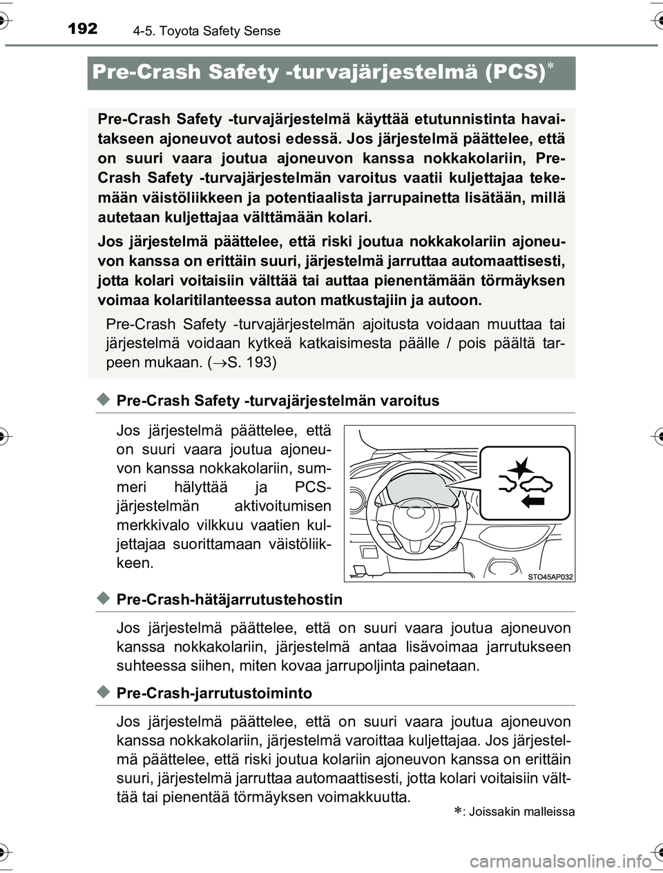 TOYOTA YARIS HYBRID 2016 Omistajan Käsikirja (in Finnish) 1924-5. Toyota Safety Sense
OM52G10FI
Pre-Crash Safety -tur vajärjestelmä (PCS)
uPre-Crash Safety -turvajärjestelmän varoitus
Jos järjestelmä päättelee, että
on suuri vaara joutua ajoneu-
TOYOTA YARIS HYBRID 2016 Omistajan Käsikirja (in Finnish) 1924-5. Toyota Safety Sense
OM52G10FI
Pre-Crash Safety -tur vajärjestelmä (PCS)
uPre-Crash Safety -turvajärjestelmän varoitus
Jos järjestelmä päättelee, että
on suuri vaara joutua ajoneu-