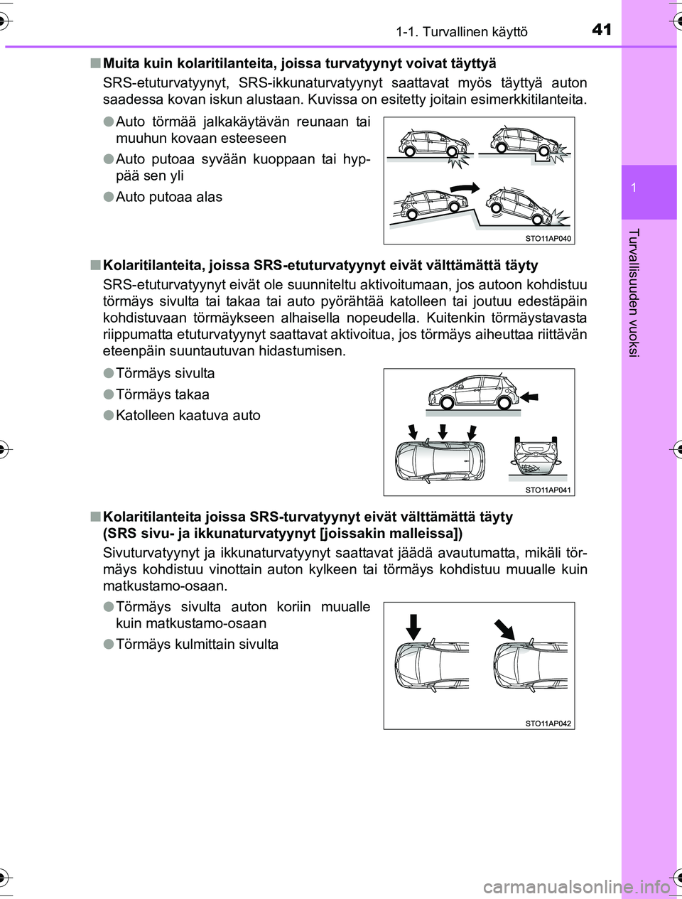 TOYOTA YARIS HYBRID 2016 Omistajan Käsikirja (in Finnish) 411-1. Turvallinen käyttö
1
Turvallisuuden vuoksi
OM52G10FIn
Muita kuin kolaritilanteita, joi ssa turvatyynyt voivat täyttyä
SRS-etuturvatyynyt, SRS-ikkunaturvatyynyt saattavat myös täyttyä aut TOYOTA YARIS HYBRID 2016 Omistajan Käsikirja (in Finnish) 411-1. Turvallinen käyttö
1
Turvallisuuden vuoksi
OM52G10FIn
Muita kuin kolaritilanteita, joi ssa turvatyynyt voivat täyttyä
SRS-etuturvatyynyt, SRS-ikkunaturvatyynyt saattavat myös täyttyä aut