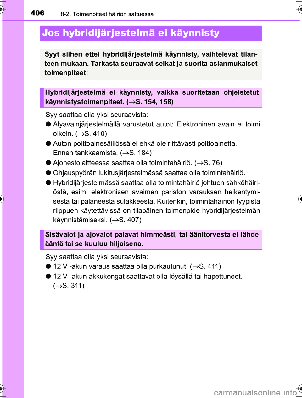 TOYOTA YARIS HYBRID 2016 Omistajan Käsikirja (in Finnish) 4068-2. Toimenpiteet häiriön sattuessa
OM52G10FI
Jos hybridijärjestelmä ei käynnisty
Syy saattaa olla yksi seuraavista:
lÄlyavainjärjestelmällä varustetut autot: Elektroninen avain ei toimi
TOYOTA YARIS HYBRID 2016 Omistajan Käsikirja (in Finnish) 4068-2. Toimenpiteet häiriön sattuessa
OM52G10FI
Jos hybridijärjestelmä ei käynnisty
Syy saattaa olla yksi seuraavista:
lÄlyavainjärjestelmällä varustetut autot: Elektroninen avain ei toimi