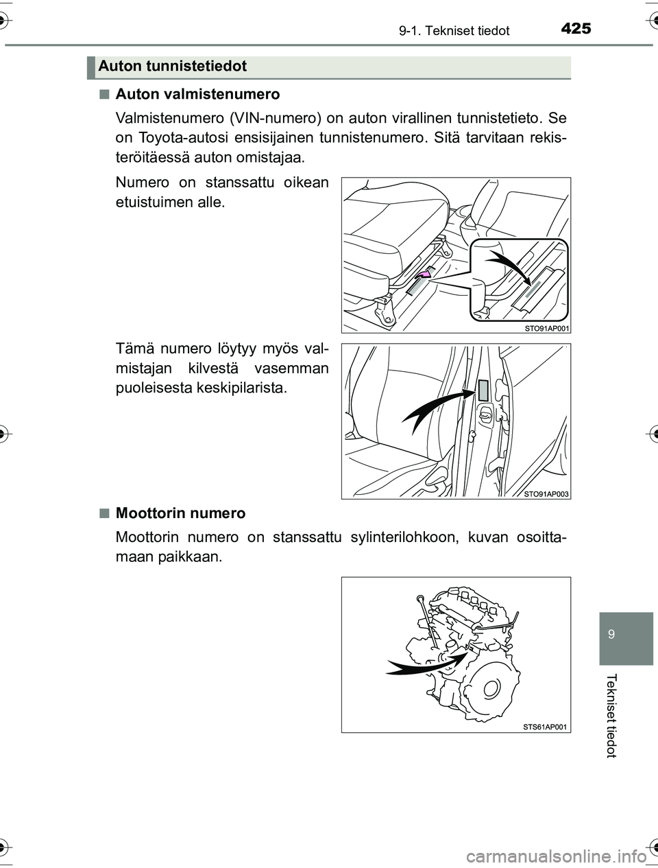 TOYOTA YARIS HYBRID 2016  Omistajan Käsikirja (in Finnish) 4259-1. Tekniset tiedot
9
Tekniset tiedot
OM52G10FIn
Auton valmistenumero
Valmistenumero (VIN-numero) on auton virallinen tunnistetieto. Se
on Toyota-autosi ensisijainen tunn
istenumero. Sitä tarvita