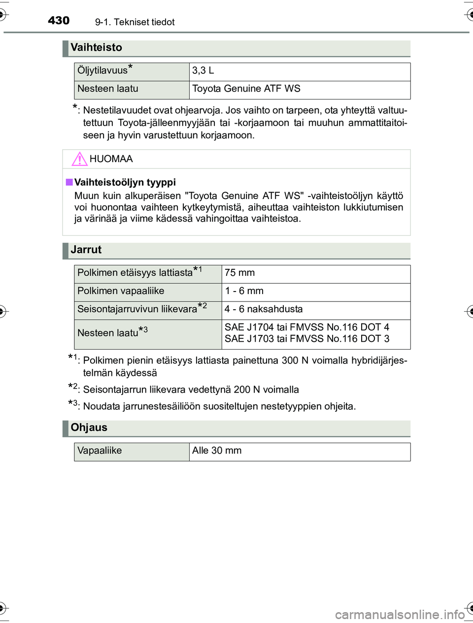TOYOTA YARIS HYBRID 2016 Omistajan Käsikirja (in Finnish) 4309-1. Tekniset tiedot
OM52G10FI
*: Nestetilavuudet ovat ohjearvoja. Jos vaihto on tarpeen, ota yhteyttä valtuu-tettuun Toyota-jälleenmyyjään tai -korjaamoon tai muuhun ammattitaitoi-
seen ja hyv TOYOTA YARIS HYBRID 2016 Omistajan Käsikirja (in Finnish) 4309-1. Tekniset tiedot
OM52G10FI
*: Nestetilavuudet ovat ohjearvoja. Jos vaihto on tarpeen, ota yhteyttä valtuu-tettuun Toyota-jälleenmyyjään tai -korjaamoon tai muuhun ammattitaitoi-
seen ja hyv