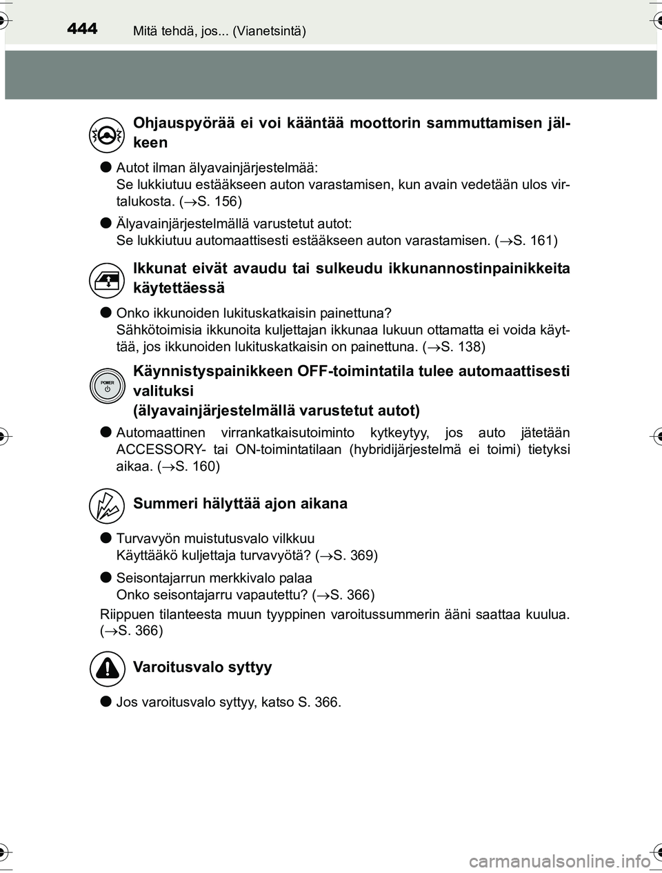 TOYOTA YARIS HYBRID 2016 Omistajan Käsikirja (in Finnish) 444Mitä tehdä, jos... (Vianetsintä)
OM52G10FI
lAutot ilman älyavainjärjestelmää:
Se lukkiutuu estääkseen auton varastamisen, kun avain vedetään ulos vir-
talukosta. (S. 156)
lÄlyavainj TOYOTA YARIS HYBRID 2016 Omistajan Käsikirja (in Finnish) 444Mitä tehdä, jos... (Vianetsintä)
OM52G10FI
lAutot ilman älyavainjärjestelmää:
Se lukkiutuu estääkseen auton varastamisen, kun avain vedetään ulos vir-
talukosta. (S. 156)
lÄlyavainj