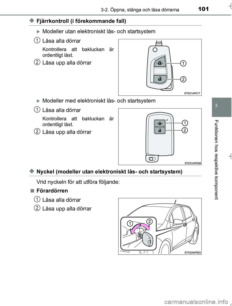 TOYOTA YARIS HYBRID 2016  Bruksanvisningar (in Swedish) 1013-2. Öppna, stänga och låsa dörrarna
3
Funktionen hos respektive komponent
OM52G76SE
uFjärrkontroll (i förekommande fall)
Modeller utan elektroniskt lås- och startsystem
Låsa alla dörra