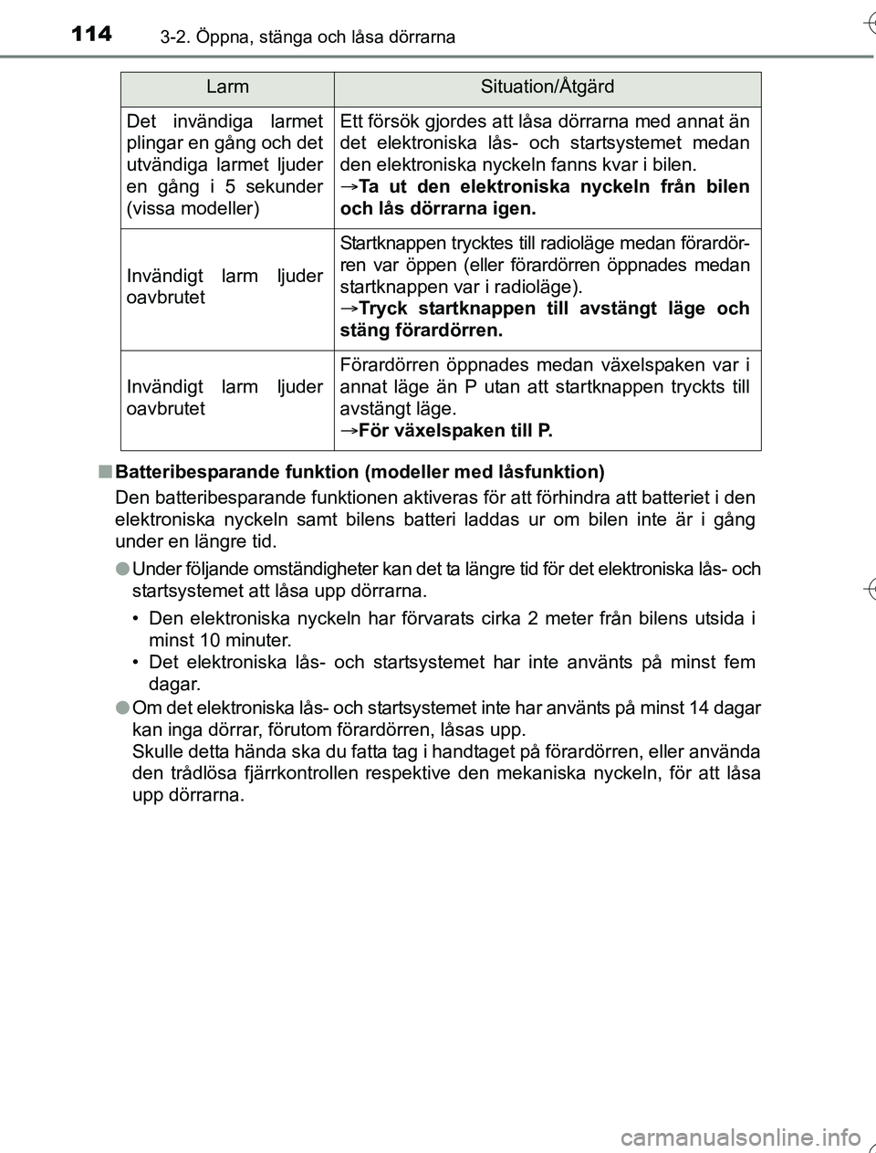 TOYOTA YARIS HYBRID 2016  Bruksanvisningar (in Swedish) 1143-2. Öppna, stänga och låsa dörrarna
OM52G76SEn
Batteribesparande funktion (modeller med låsfunktion)
Den batteribesparande funktionen aktiveras för att förhindra att batteriet i den
elektro