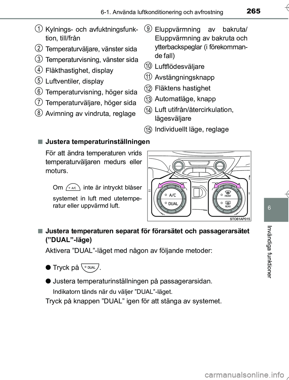 TOYOTA YARIS HYBRID 2016 Bruksanvisningar (in Swedish) 2656-1. Använda luftkonditionering och avfrostning
6
Invändiga funktioner
OM52G76SEn
Justera temperaturinställningen
För att ändra temperaturen vrids
temperaturväljaren medurs eller
moturs.
Om TOYOTA YARIS HYBRID 2016 Bruksanvisningar (in Swedish) 2656-1. Använda luftkonditionering och avfrostning
6
Invändiga funktioner
OM52G76SEn
Justera temperaturinställningen
För att ändra temperaturen vrids
temperaturväljaren medurs eller
moturs.
Om