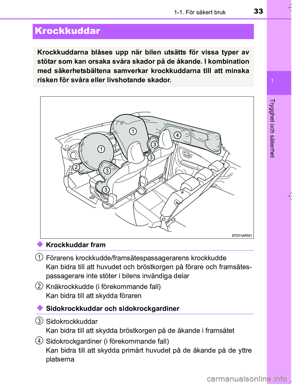 TOYOTA YARIS HYBRID 2016  Bruksanvisningar (in Swedish) 331-1. För säkert bruk
1
Trygghet och säkerhet
OM52G76SE
Krockkuddar
uKrockkuddar fram
Förarens krockkudde/framsätespassagerarens krockkudde
Kan bidra till att huvudet och bröstkorgen på förar