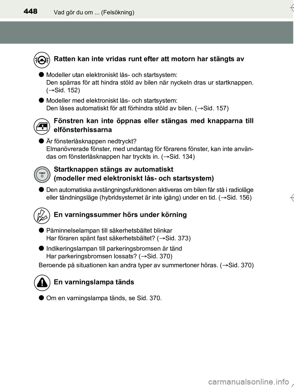 TOYOTA YARIS HYBRID 2016 Bruksanvisningar (in Swedish) 448Vad gör du om ... (Felsökning)
OM52G76SE
lModeller utan elektroniskt lås- och startsystem:
Den spärras för att hindra stöld av bilen när nyckeln dras ur startknappen.
(Sid. 152)
lModelle TOYOTA YARIS HYBRID 2016 Bruksanvisningar (in Swedish) 448Vad gör du om ... (Felsökning)
OM52G76SE
lModeller utan elektroniskt lås- och startsystem:
Den spärras för att hindra stöld av bilen när nyckeln dras ur startknappen.
(Sid. 152)
lModelle