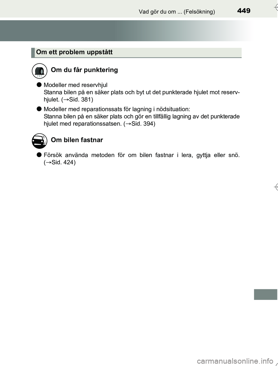 TOYOTA YARIS HYBRID 2016  Bruksanvisningar (in Swedish) 449Vad gör du om ... (Felsökning)
OM52G76SE
lModeller med reservhjul
Stanna bilen på en säker plats och byt ut det punkterade hjulet mot reserv-
hjulet. (Sid. 381)
lModeller med reparationssats