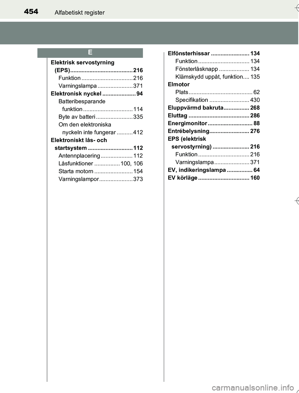 TOYOTA YARIS HYBRID 2016 Bruksanvisningar (in Swedish) 454Alfabetiskt register
OM52G76SE
Elektrisk servostyrning (EPS) ....................................... 216
Funktion ................................ 216
Varningslampa ...................... 371
Elekt TOYOTA YARIS HYBRID 2016 Bruksanvisningar (in Swedish) 454Alfabetiskt register
OM52G76SE
Elektrisk servostyrning (EPS) ....................................... 216
Funktion ................................ 216
Varningslampa ...................... 371
Elekt