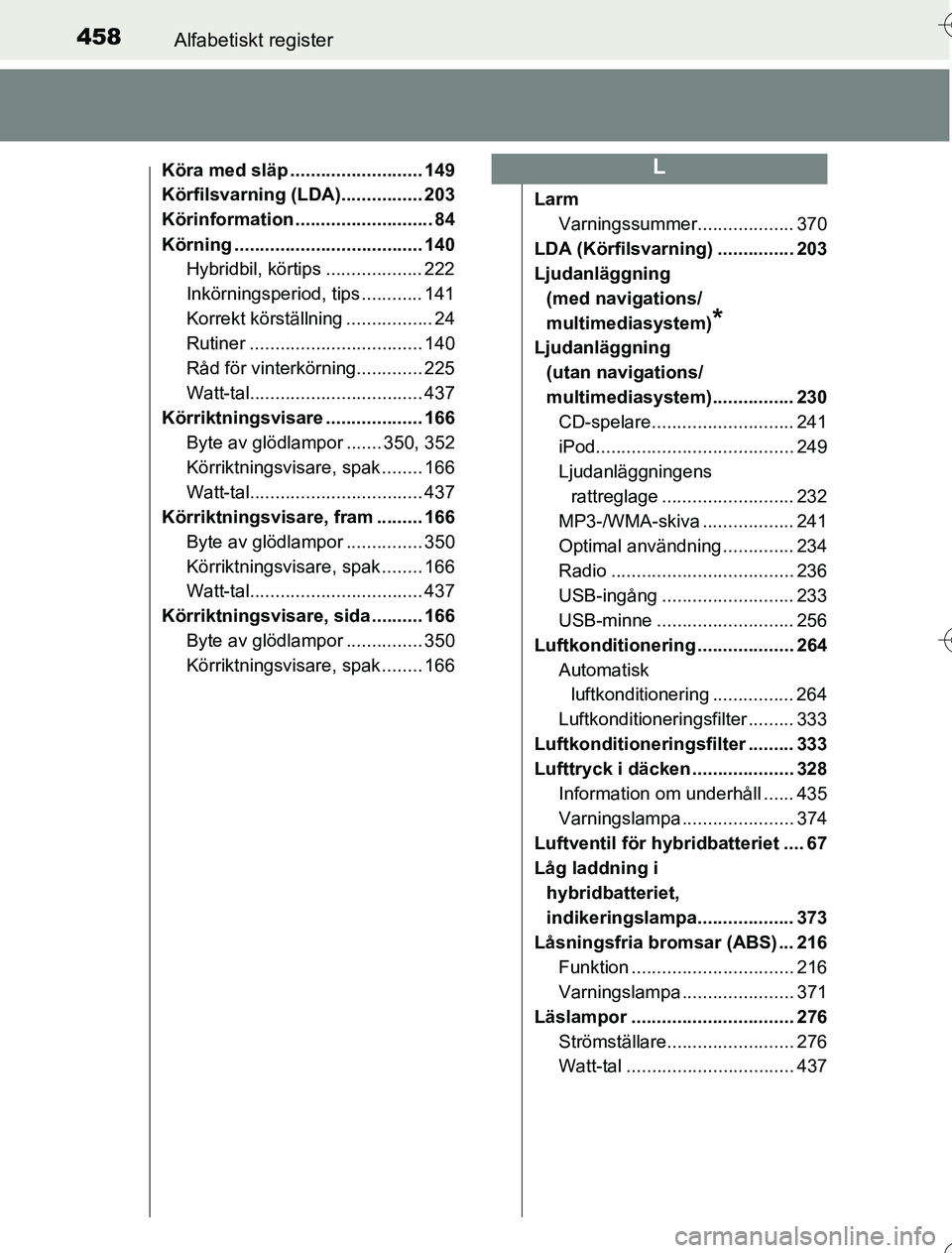 TOYOTA YARIS HYBRID 2016 Bruksanvisningar (in Swedish) 458Alfabetiskt register
OM52G76SE
Köra med släp .......................... 149
Körfilsvarning (LDA)................ 203
Körinformation ........................... 84
Körning ..................... TOYOTA YARIS HYBRID 2016 Bruksanvisningar (in Swedish) 458Alfabetiskt register
OM52G76SE
Köra med släp .......................... 149
Körfilsvarning (LDA)................ 203
Körinformation ........................... 84
Körning .....................